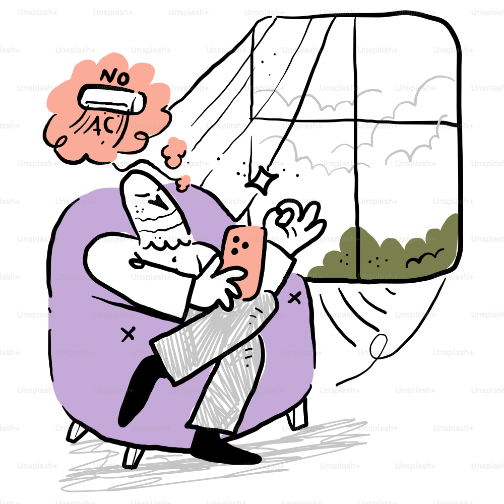 Un disegno di un uomo seduto su una sedia con una bolla di pensiero sopra la testa