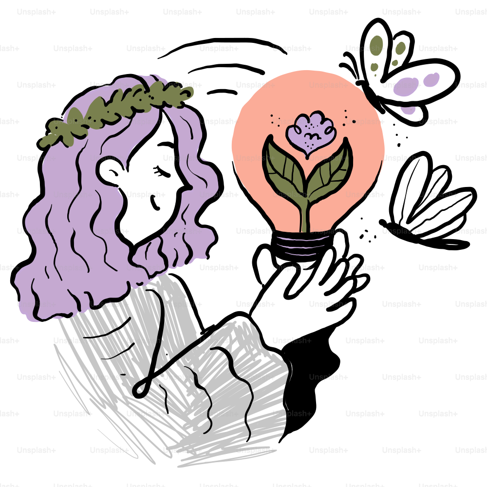 A woman holding a light bulb with a flower inside of it