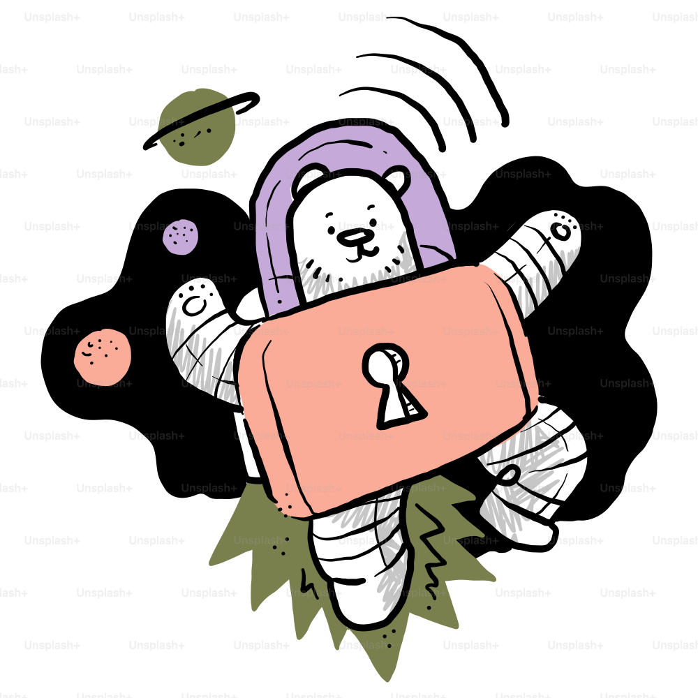 A cartoon bear is holding a padlock