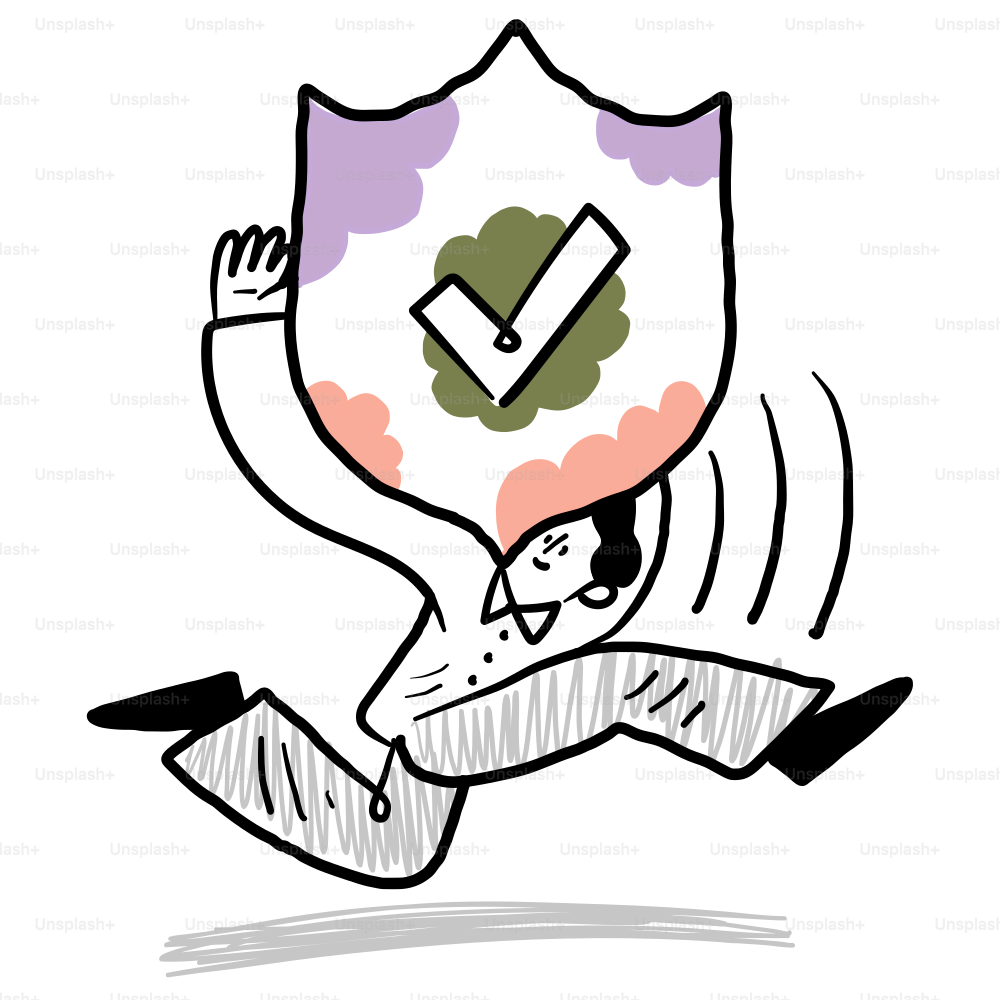 A drawing of a person running with a shield over their head