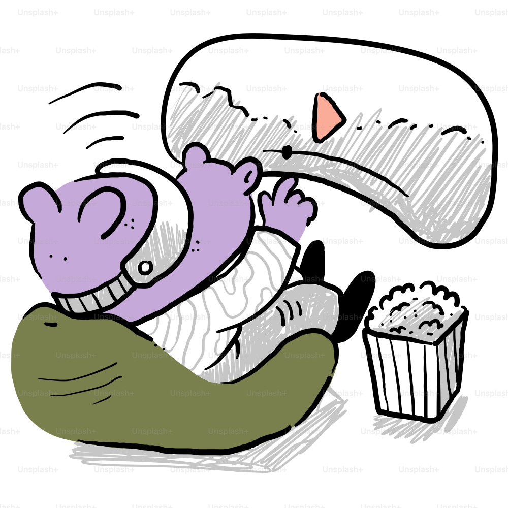 A drawing of a person sitting on the ground with a cup of popcorn