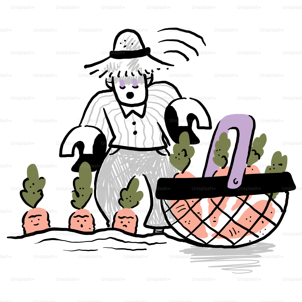 A drawing of a man pushing a wagon of carrots