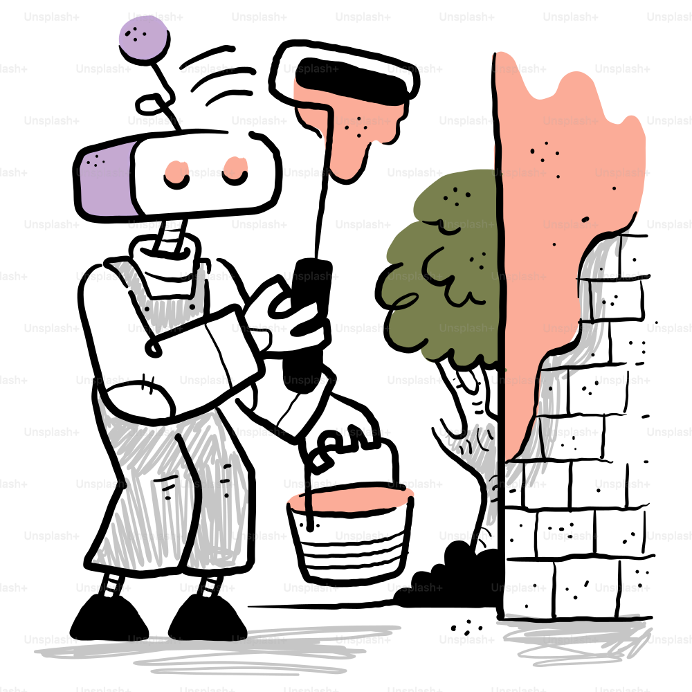 Eine Karikatur eines Mannes, der eine Backsteinwand malt