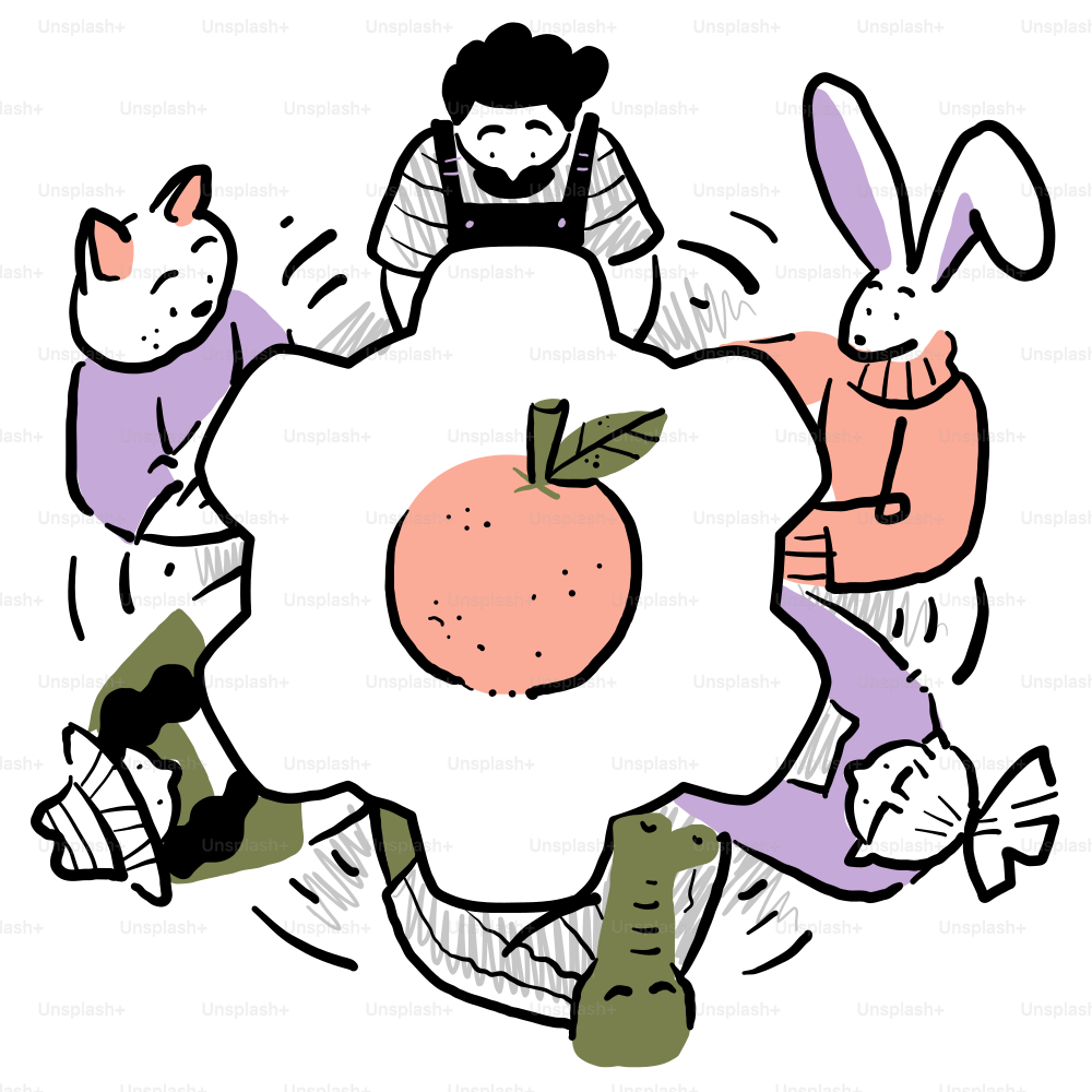 A drawing of a group of people around an apple