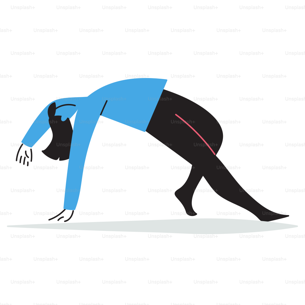 A woman in a blue shirt and black pants is doing a yoga pose