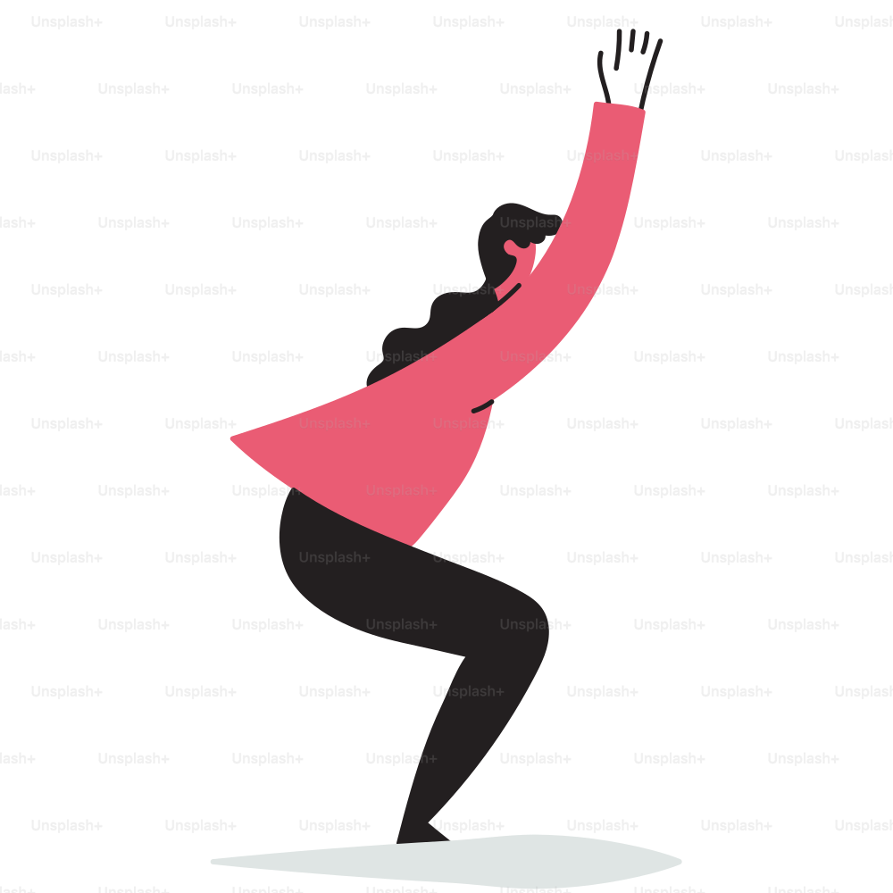 A woman in a pink coat is doing a yoga pose