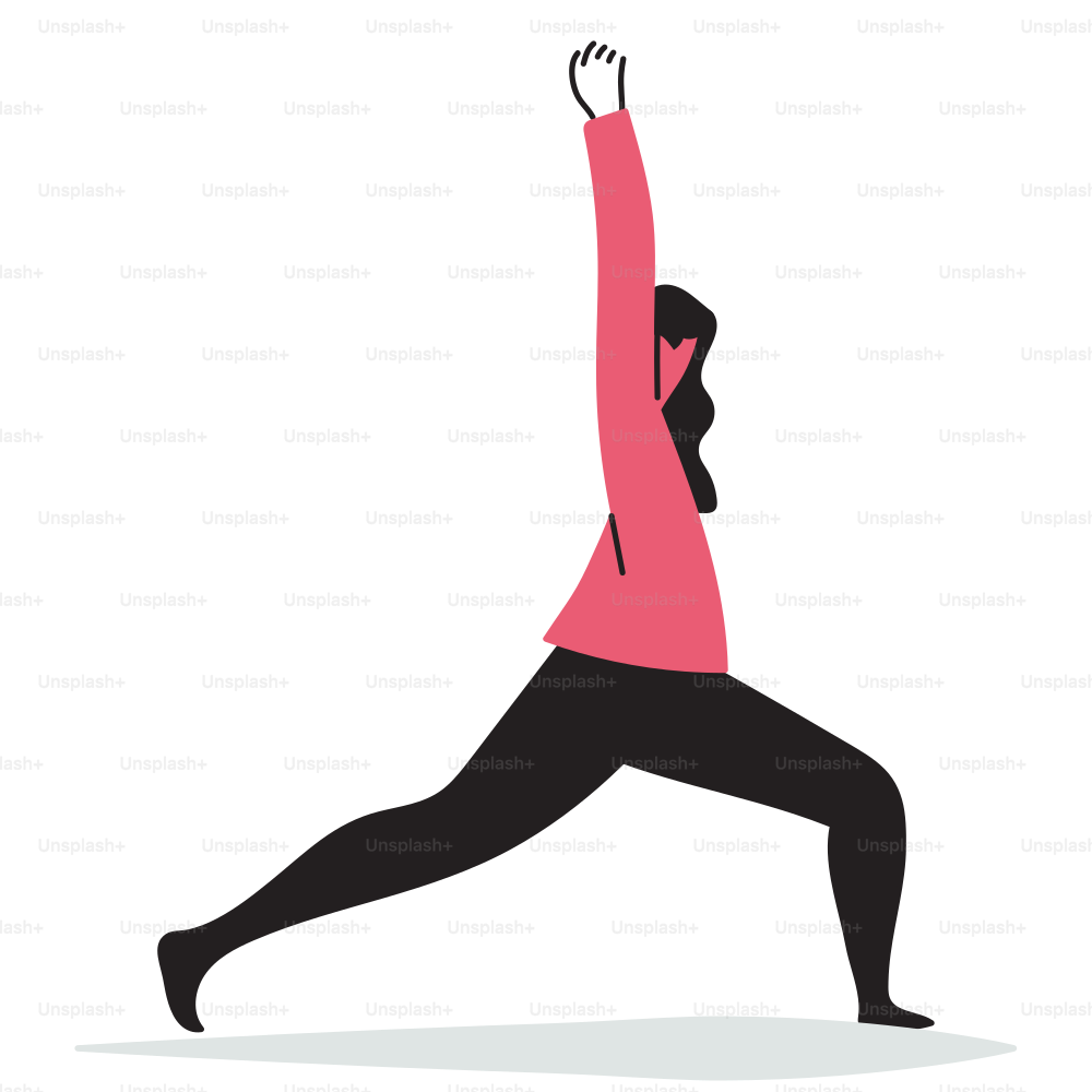 A woman is doing a yoga pose with her arms in the air