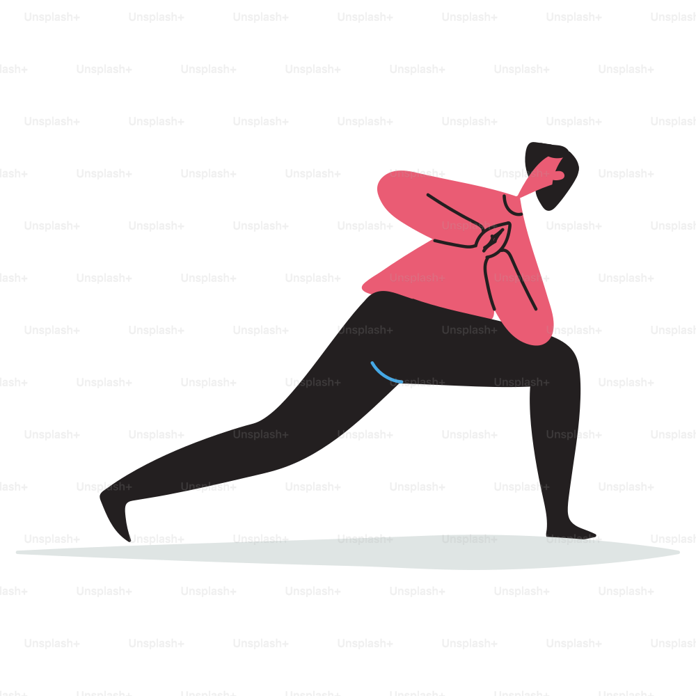 A woman in a pink shirt is doing a yoga pose