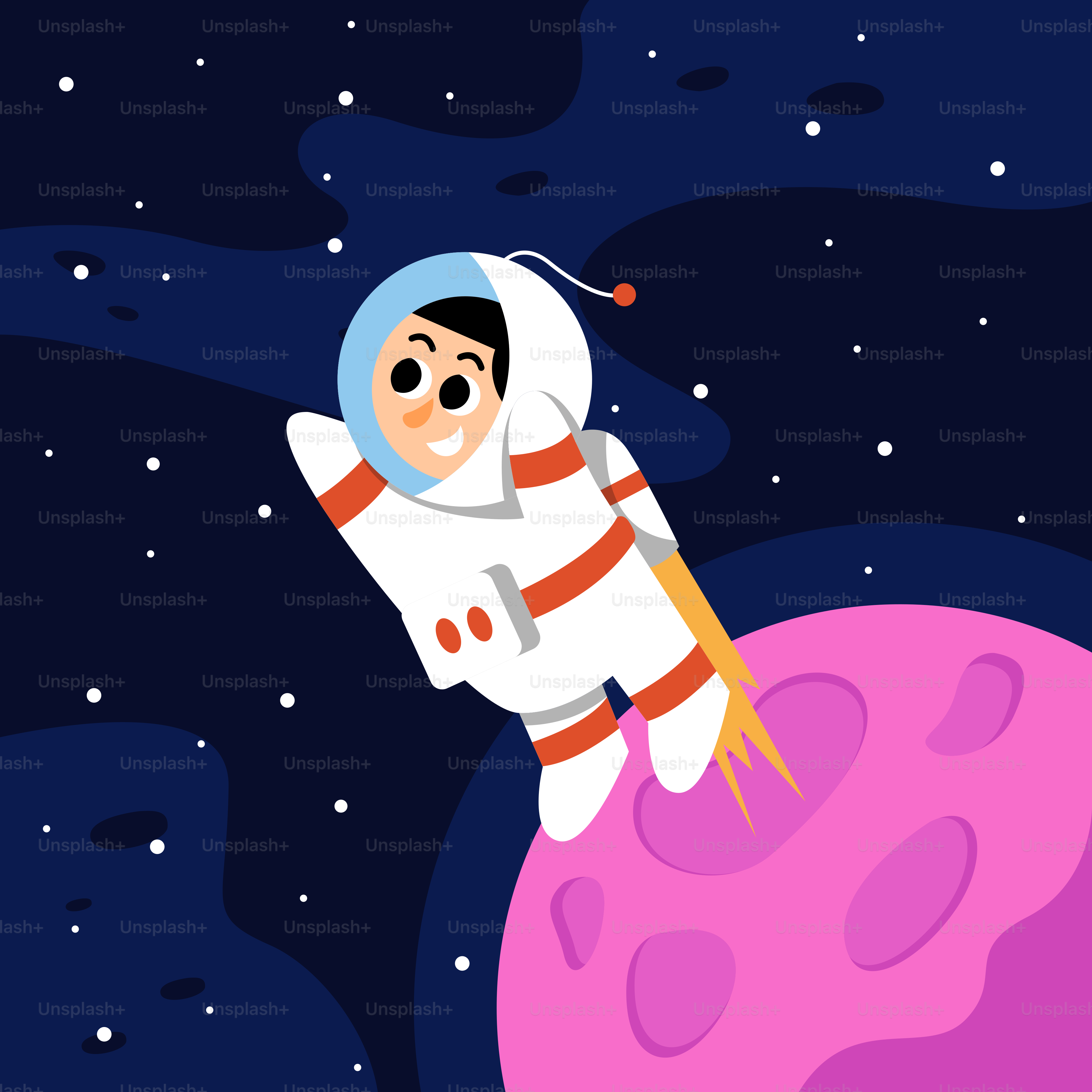 A cartoon of a man in a space suit on top of a pink planet