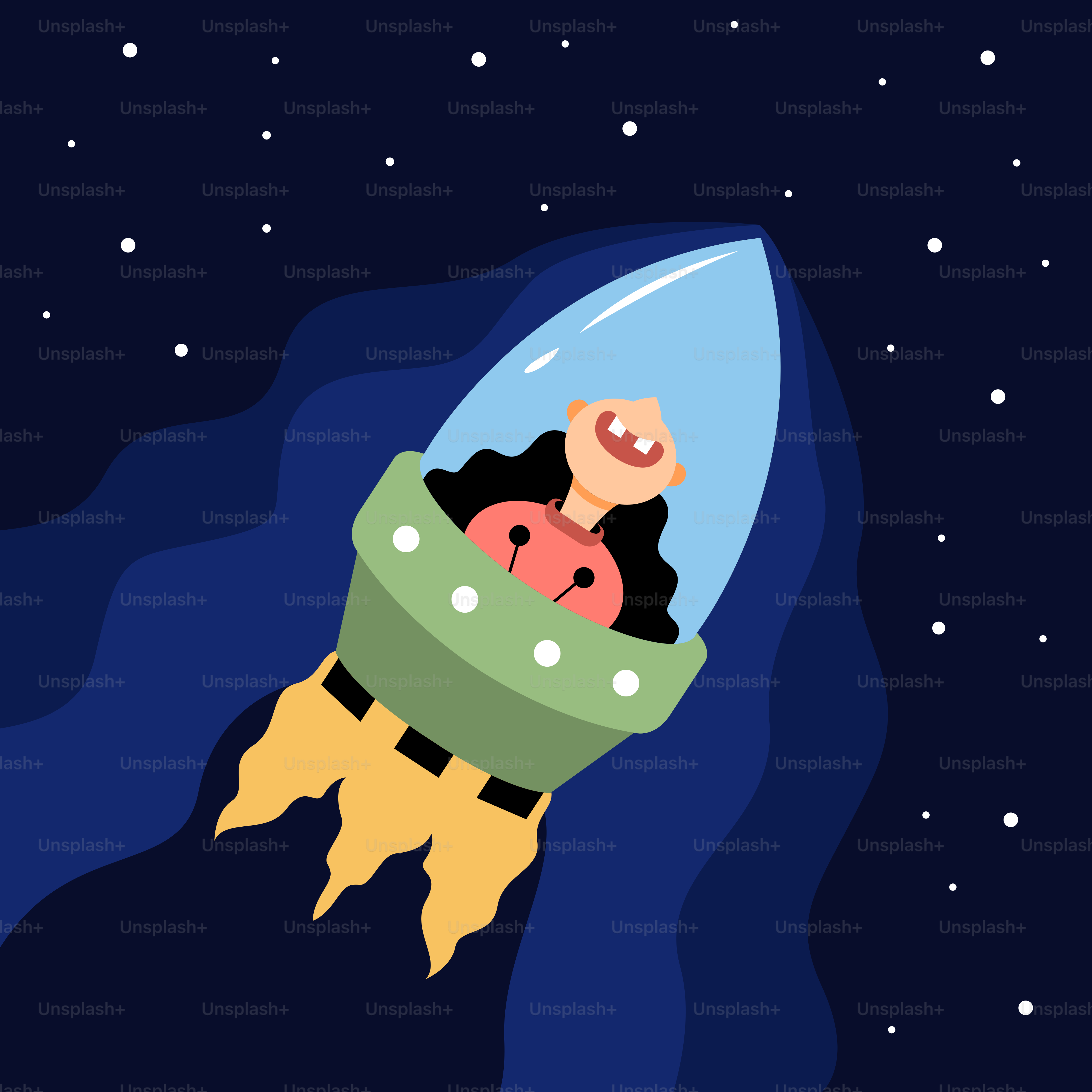 A man and a woman riding on top of a rocket