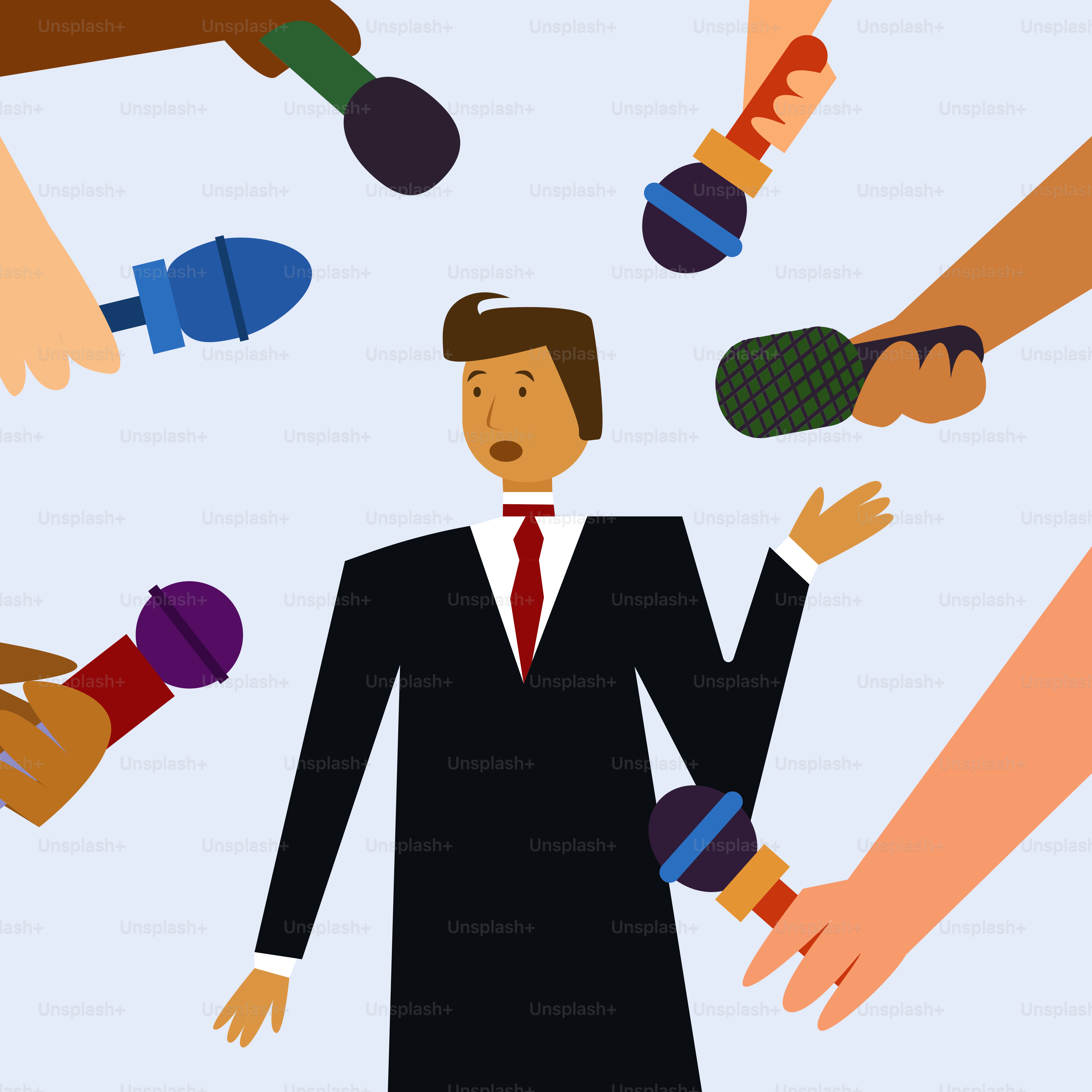 Ein Mann im Anzug, umgeben von Mikrofonen