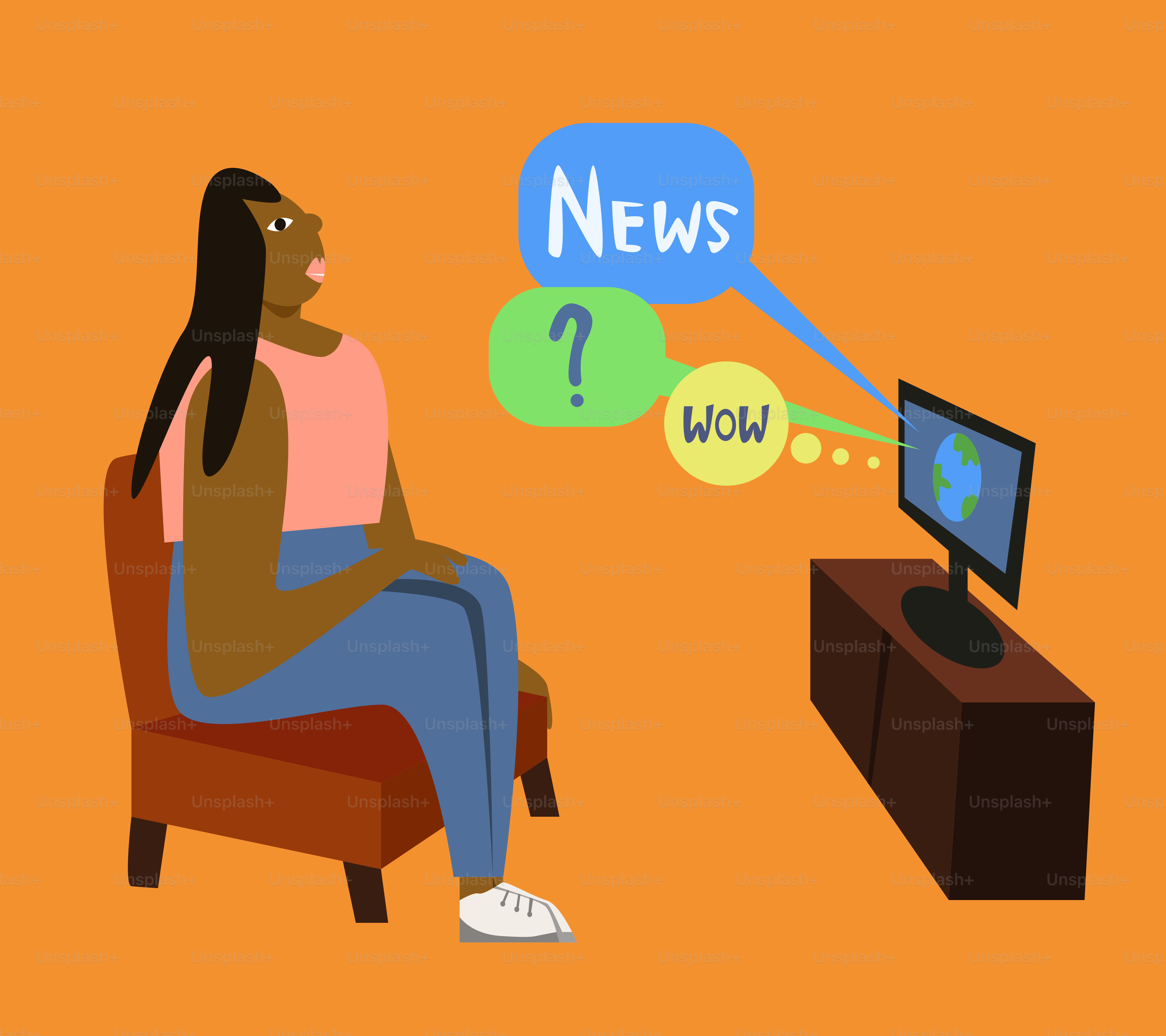 Eine Frau, die auf einem Stuhl sitzt, mit einem Fernseher und einer Gedankenblase über dem Kopf