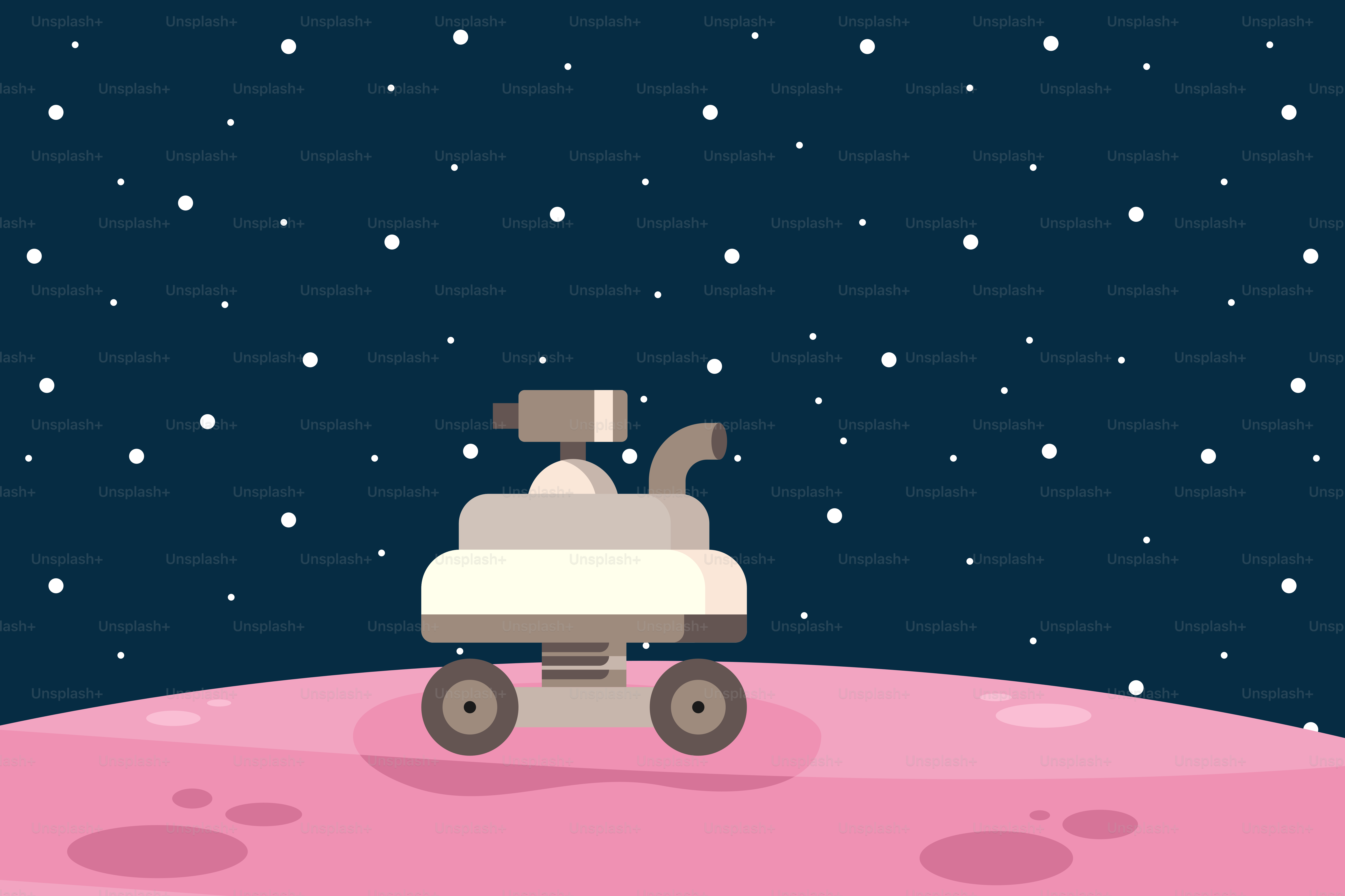 A cartoon picture of a space station on a pink planet