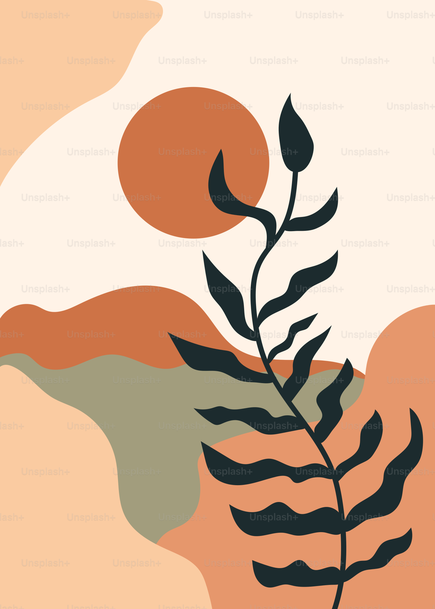 A painting of a plant with a sunset in the background