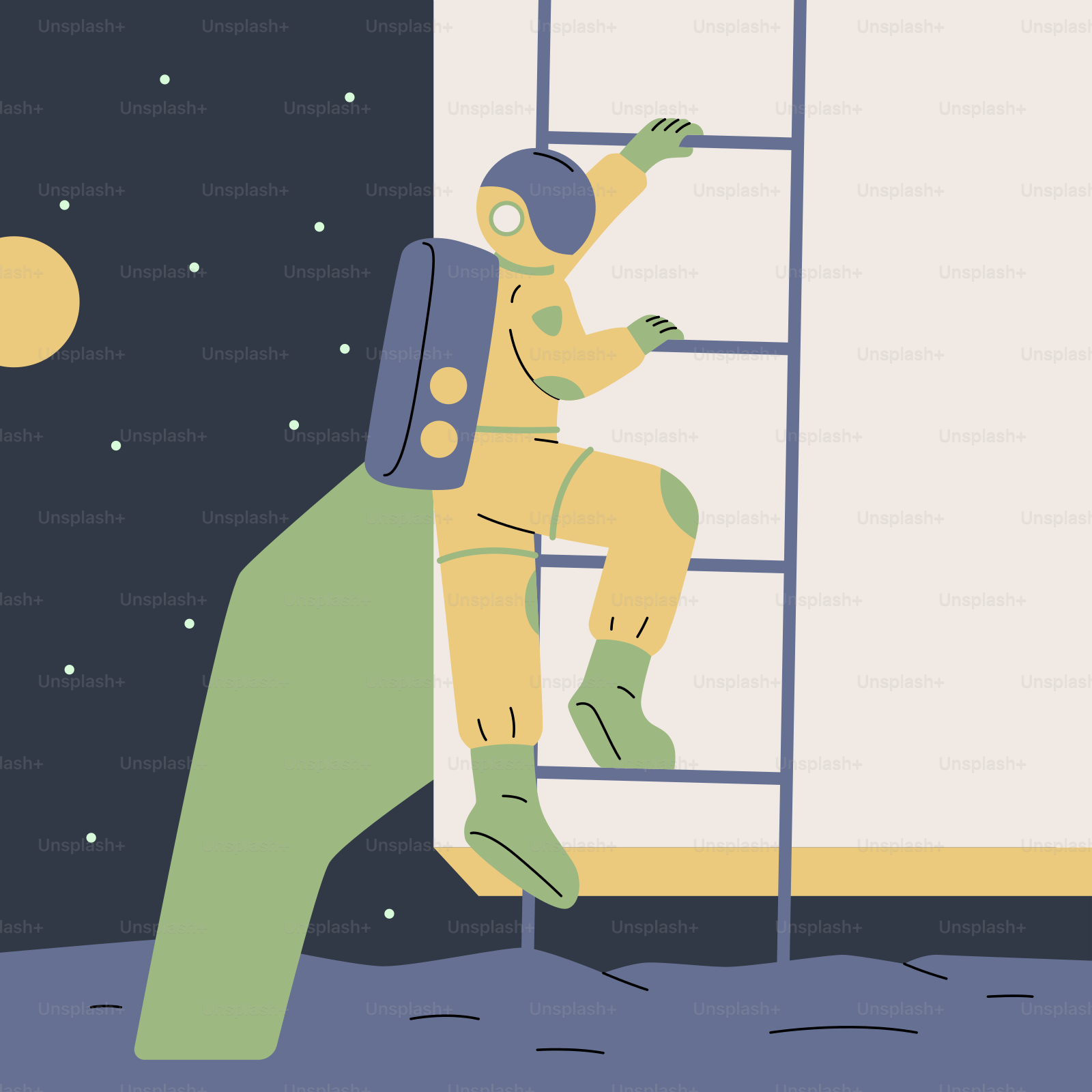 A man climbing up a ladder to the moon