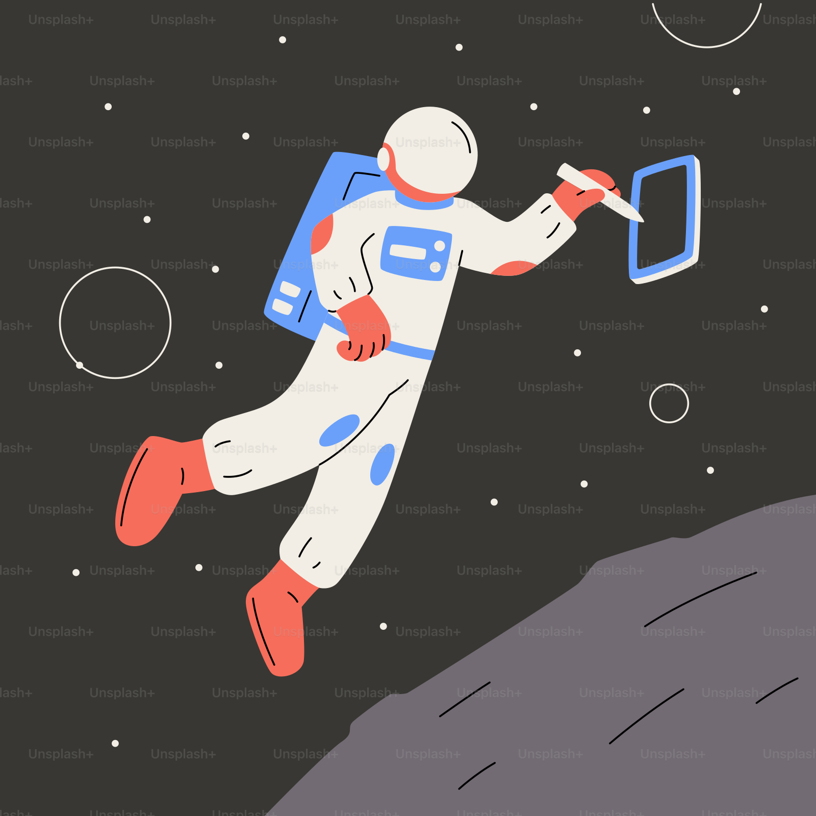 An astronaut floating in the air with a tablet