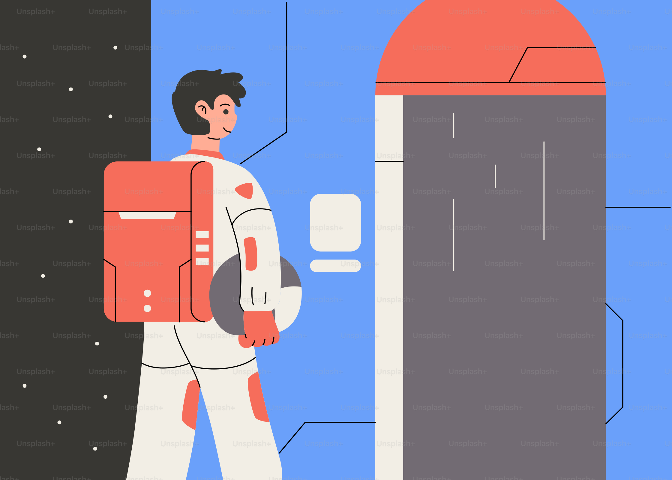 Un homme avec un sac à dos se tient devant une navette spatiale