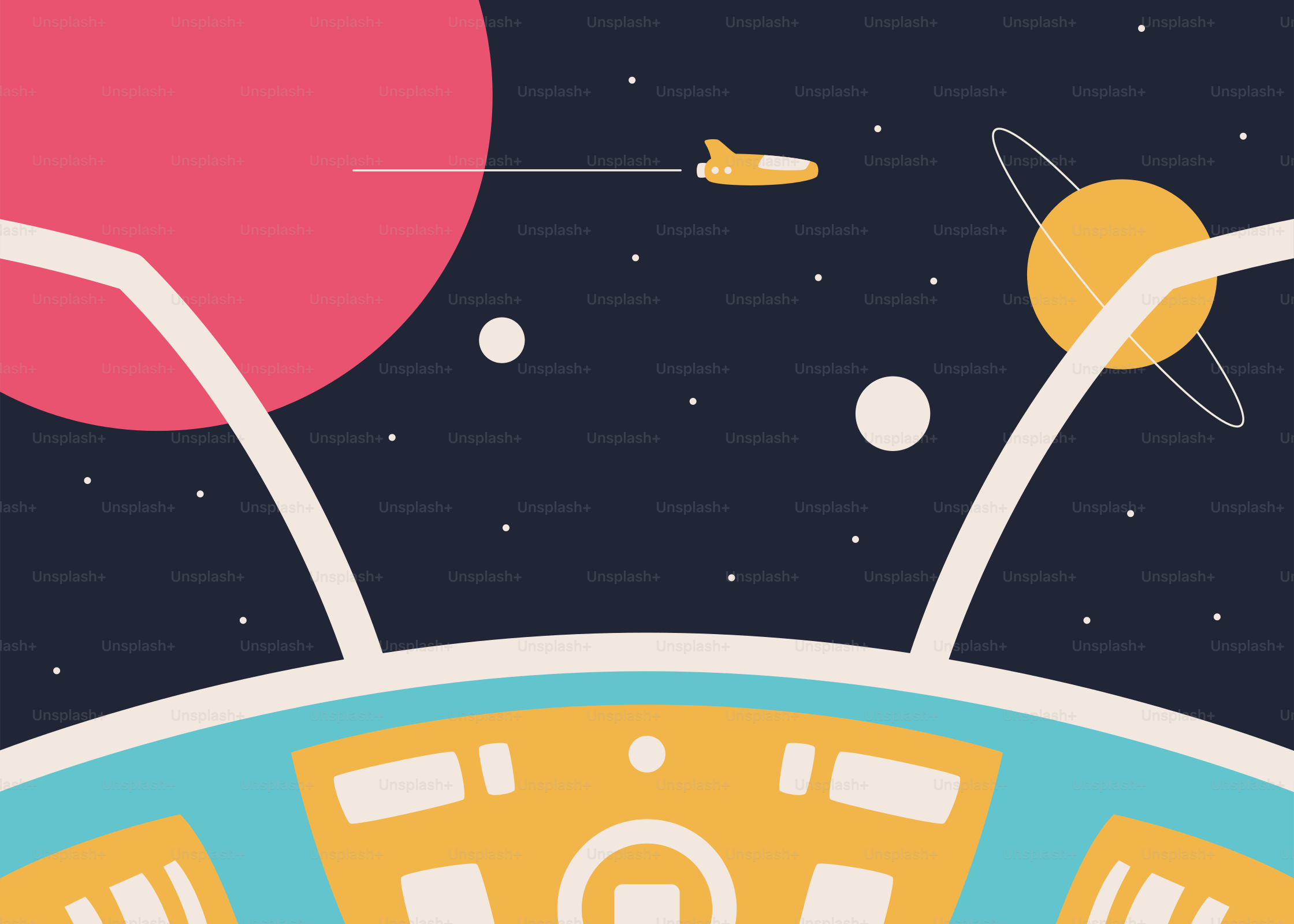 An illustration of a space station with a rocket in the background