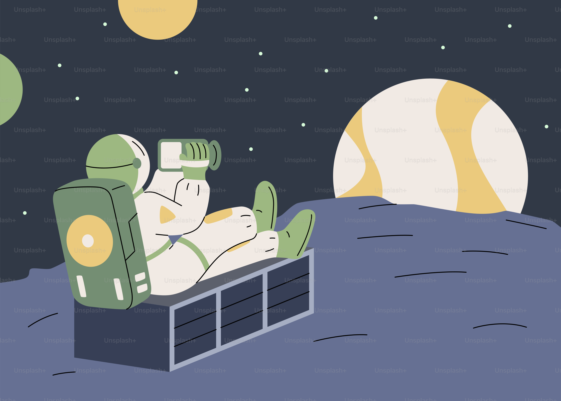 Un hombre tumbado sobre una caja en la luna