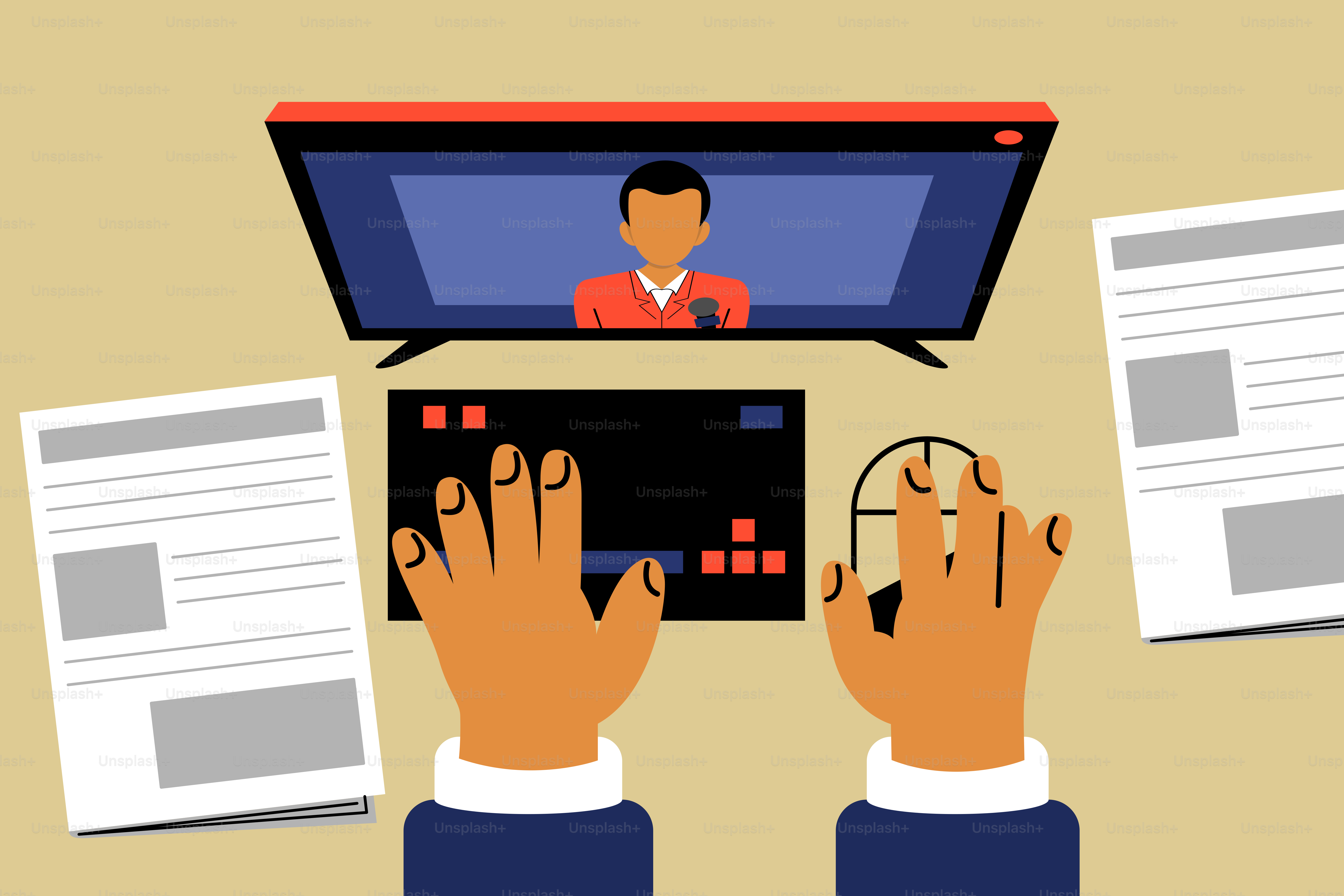 A person is sitting at a desk with papers and a mouse