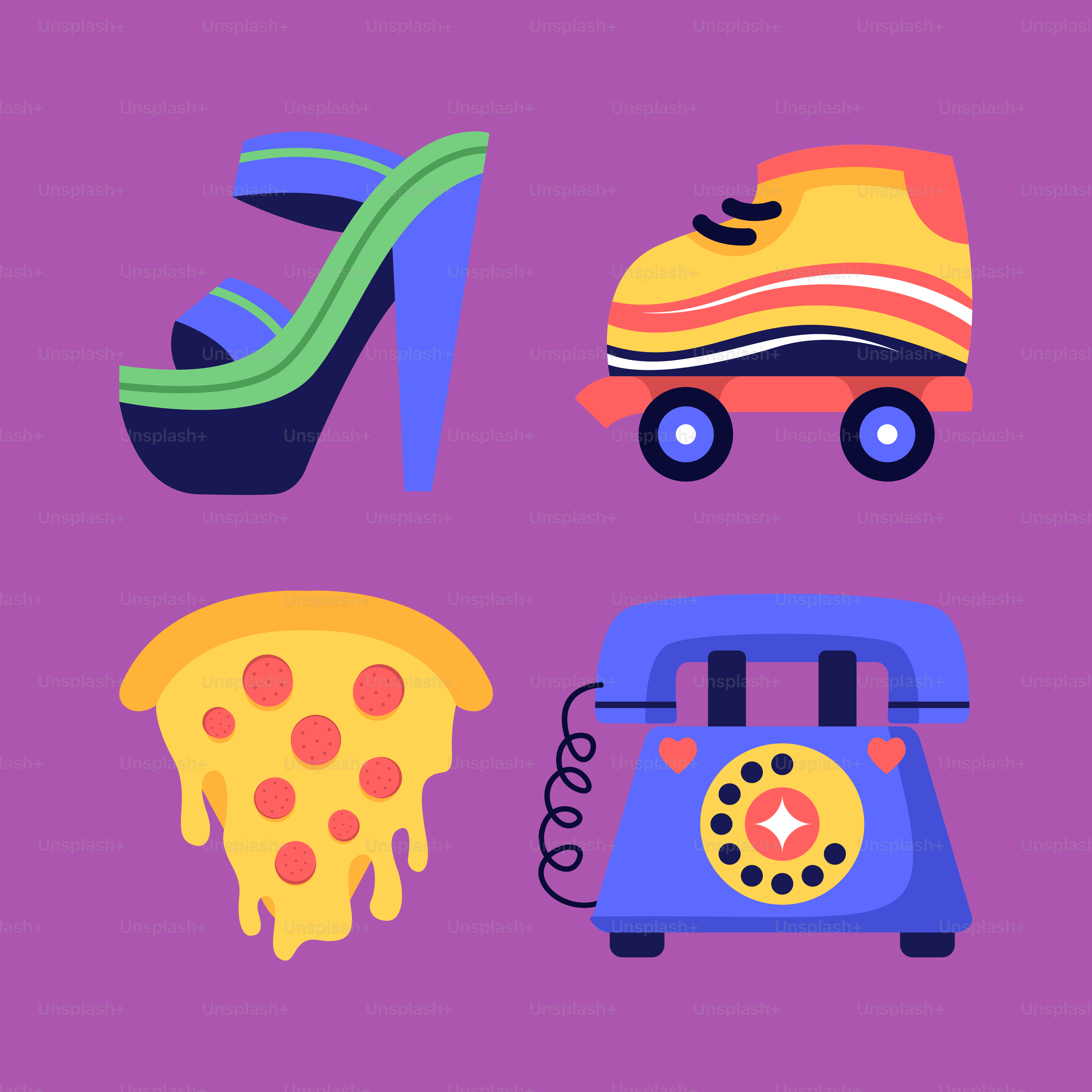 Um fundo roxo com diferentes tipos de sapatos