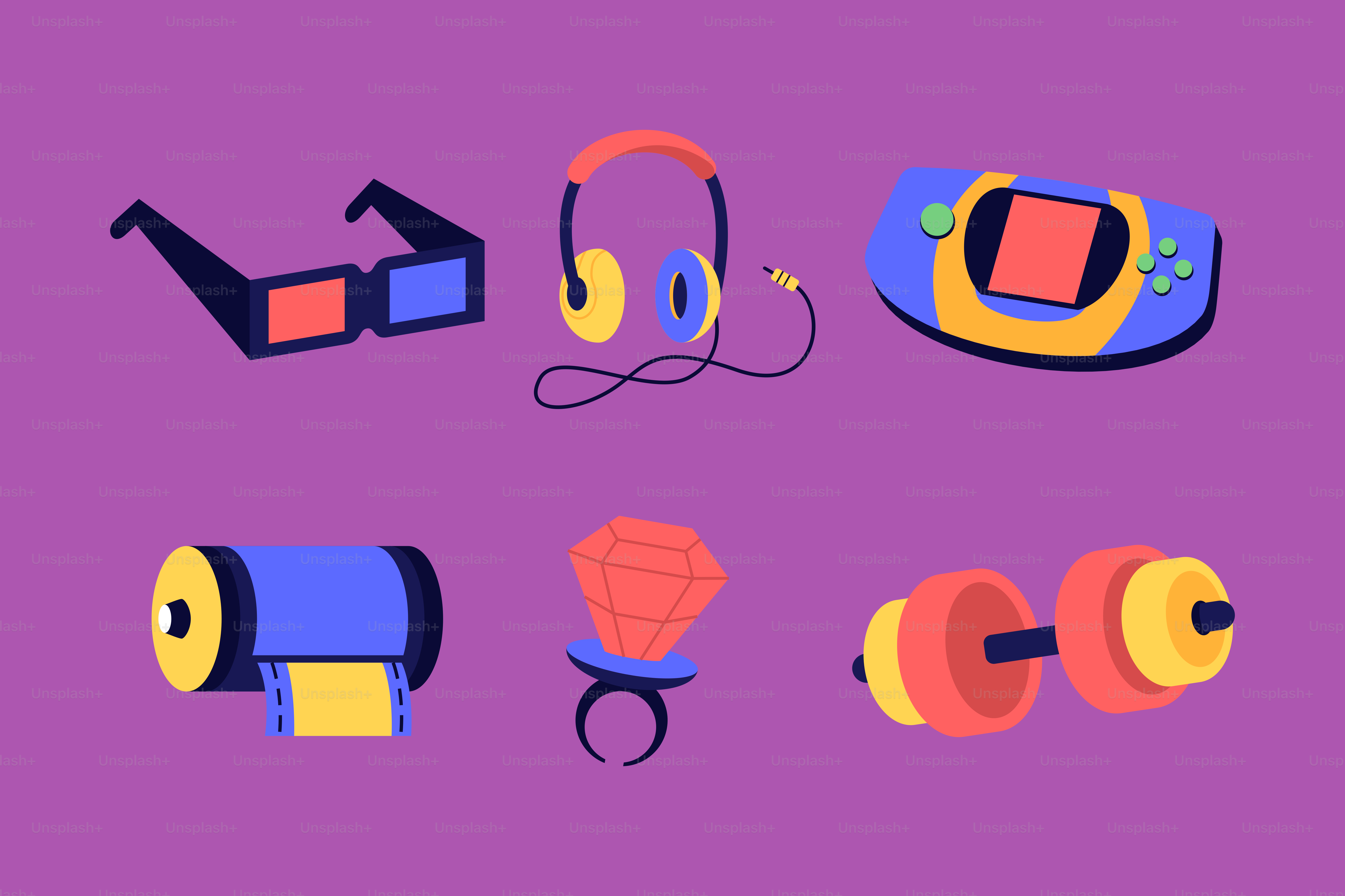 A purple background with different types of objects