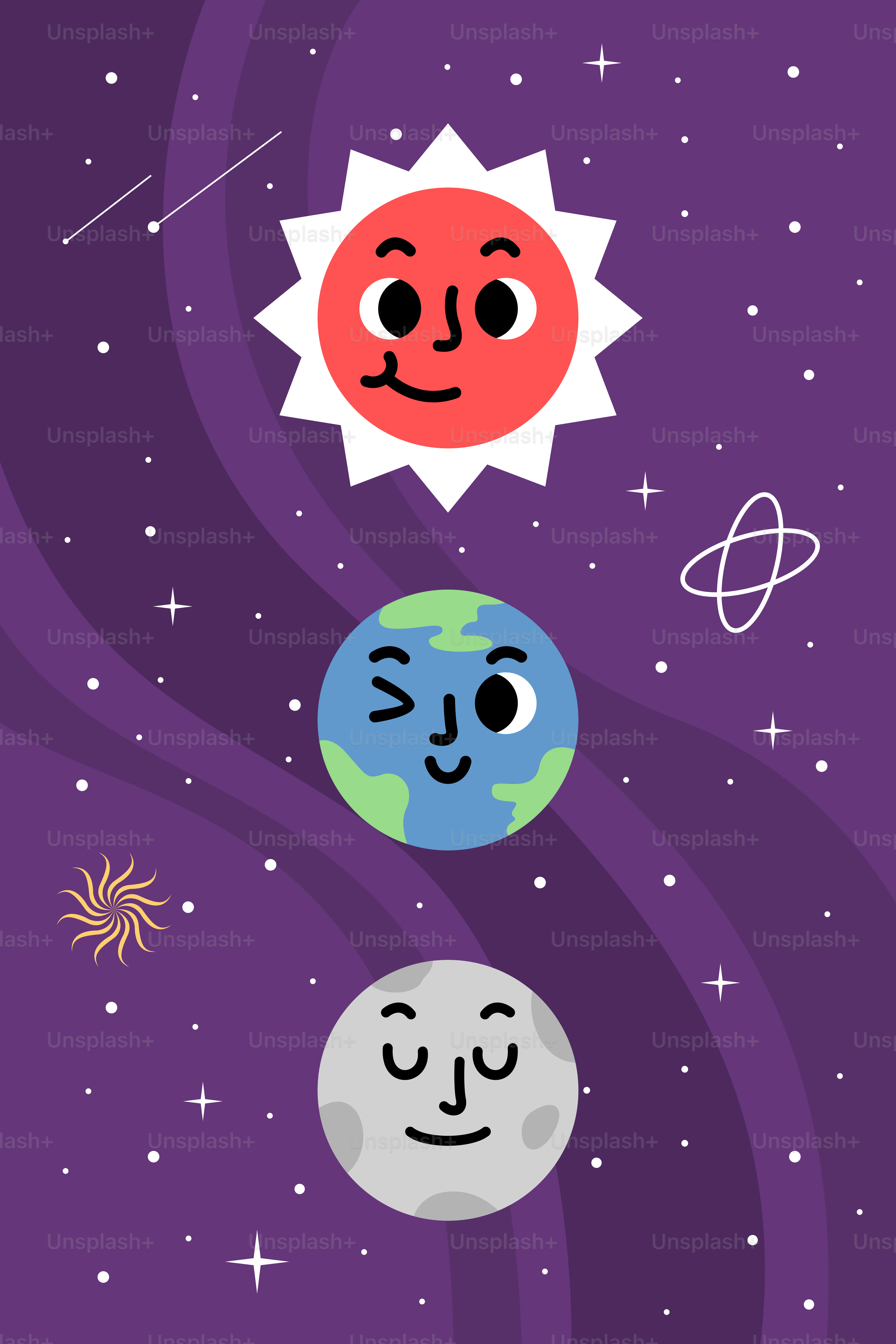 A cartoon picture of the sun, earth, and stars