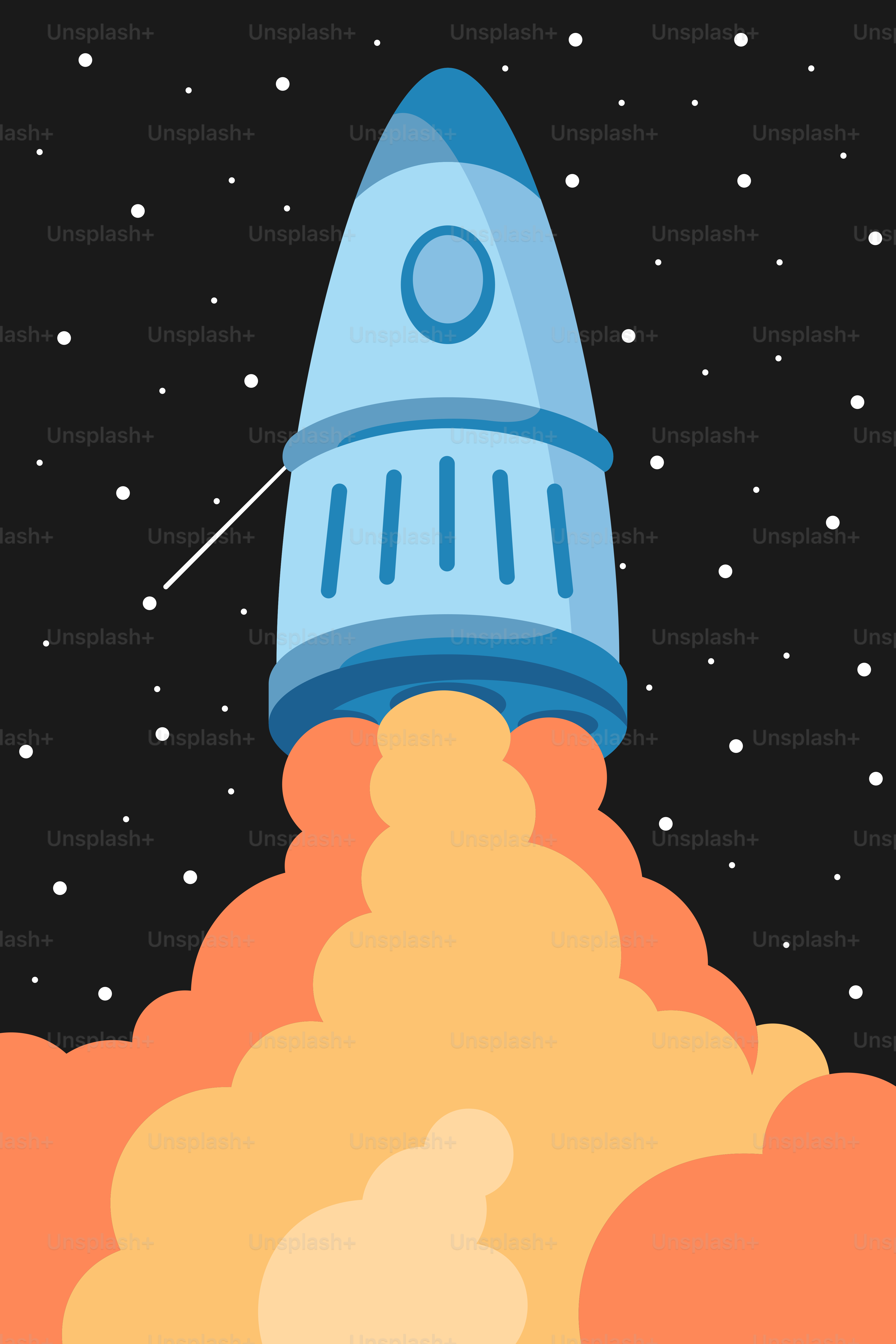 A blue rocket is flying through the sky