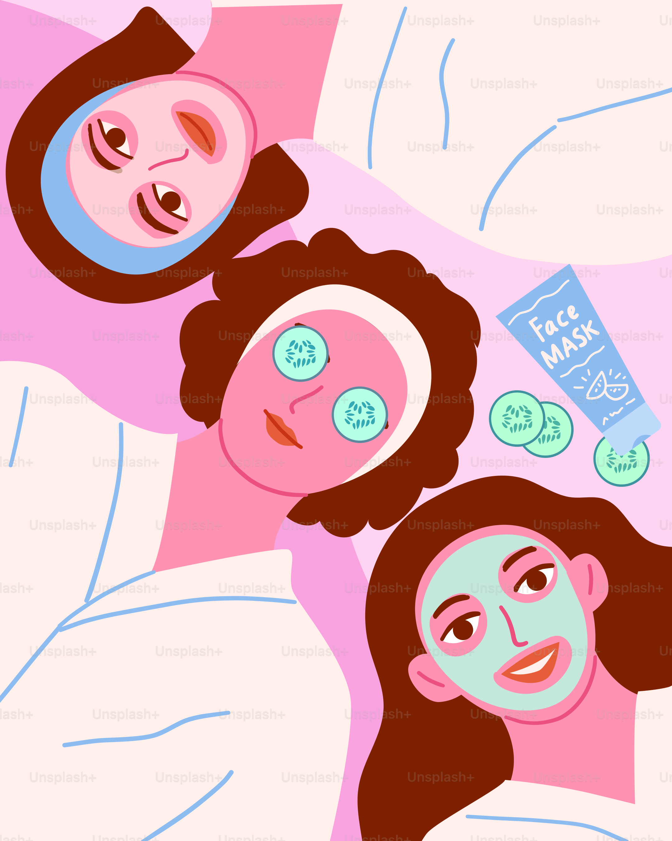 Tres mujeres acostadas en una cama con mascarillas faciales puestas