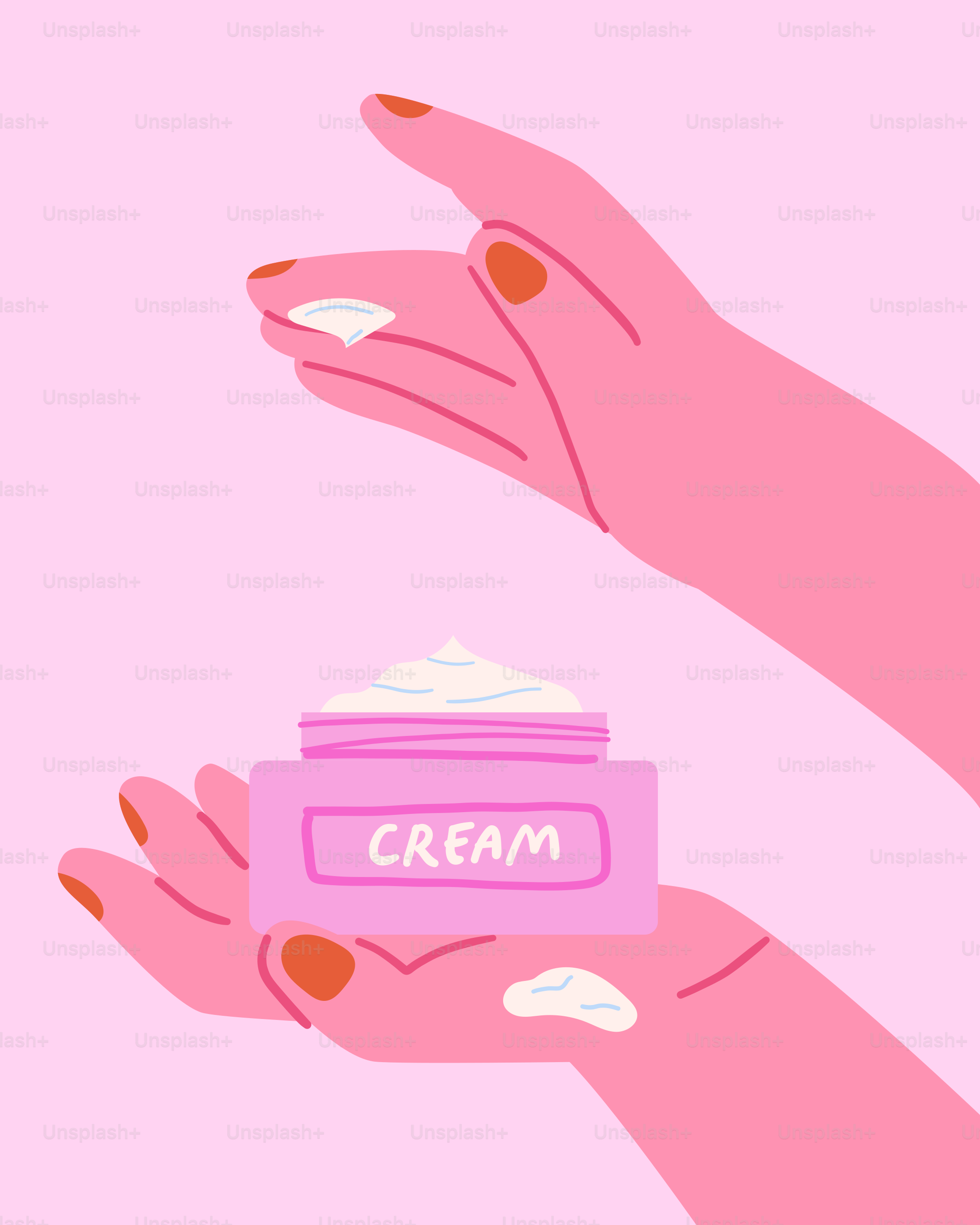 Zwei Hände, die einen Behälter mit Sahne auf rosa Hintergrund halten