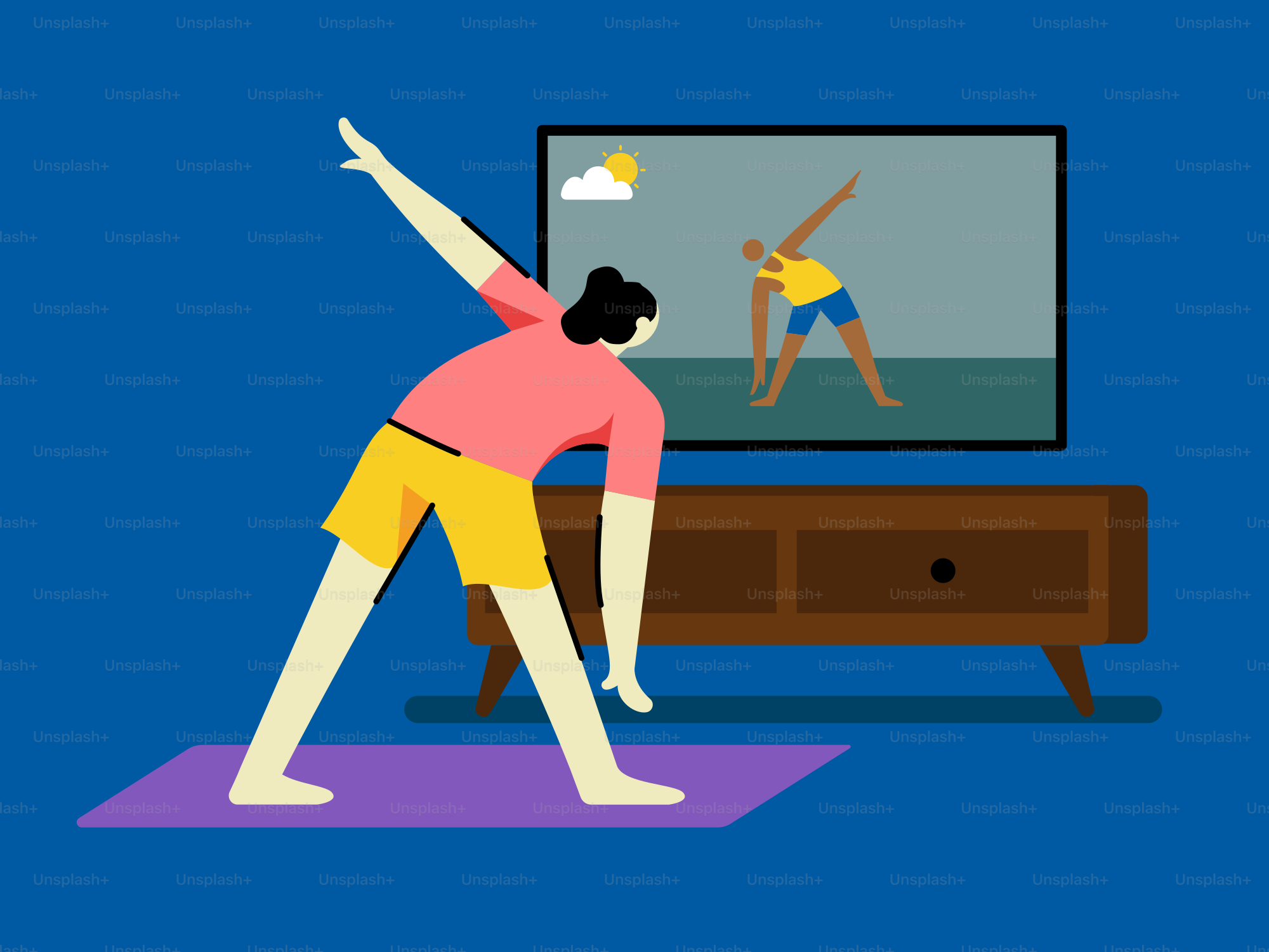 Une personne debout sur un tapis de yoga devant une télévision