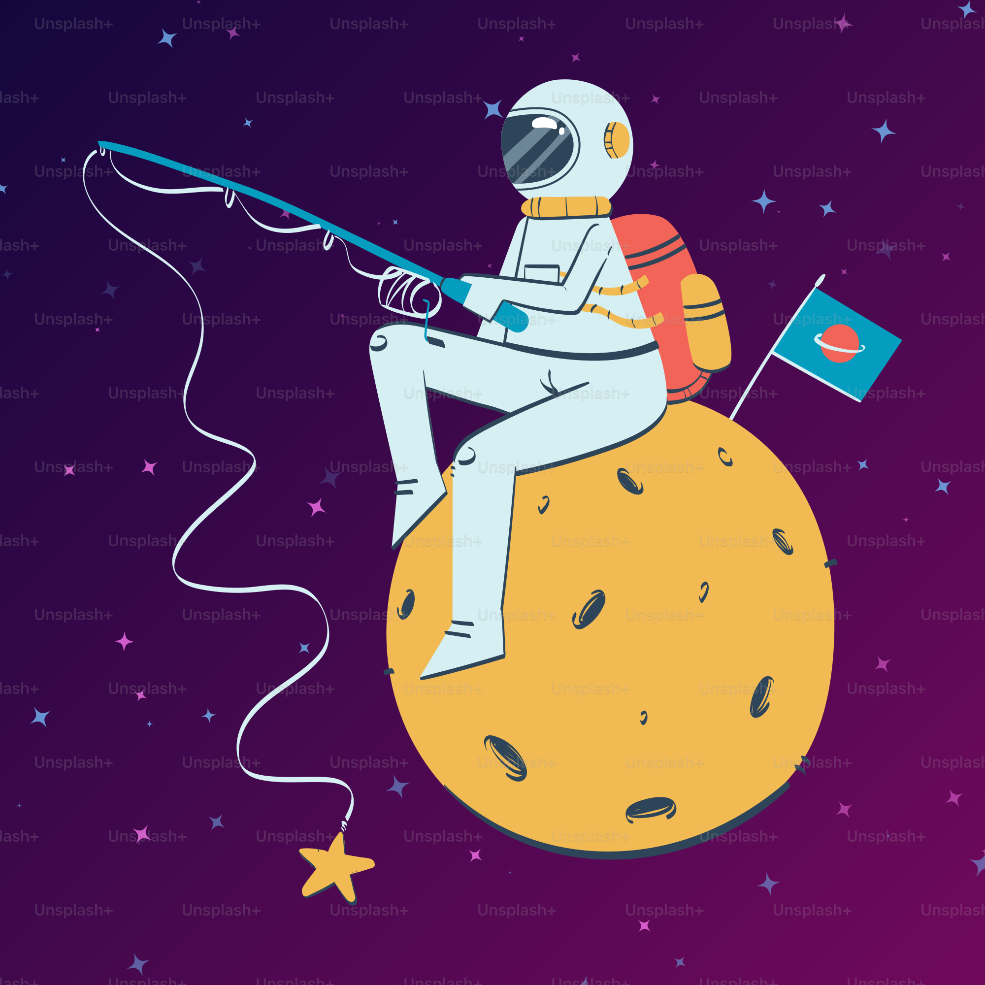 An astronaut is sitting on the moon holding a flag