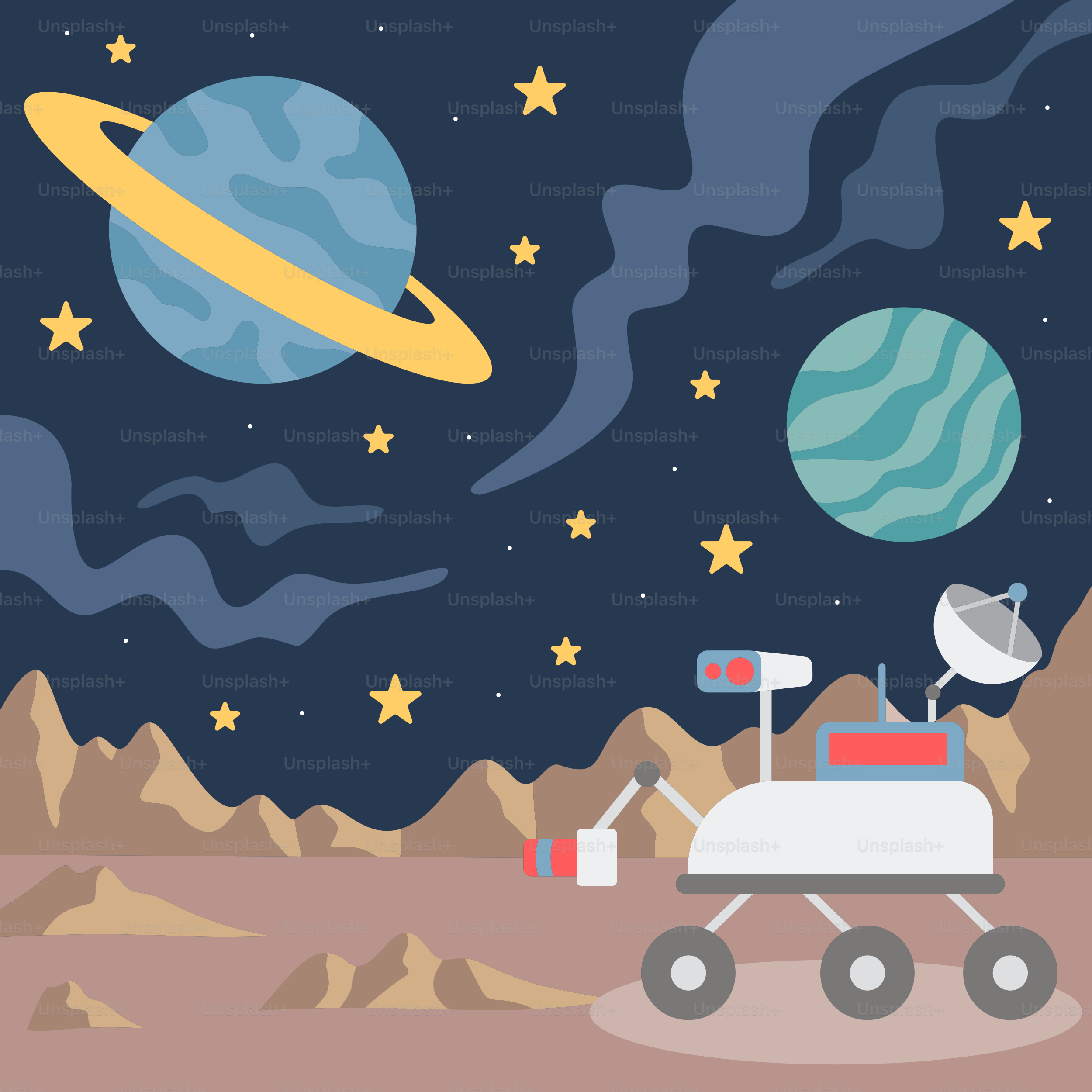 Uma imagem de uma cena espacial com um carro e planetas