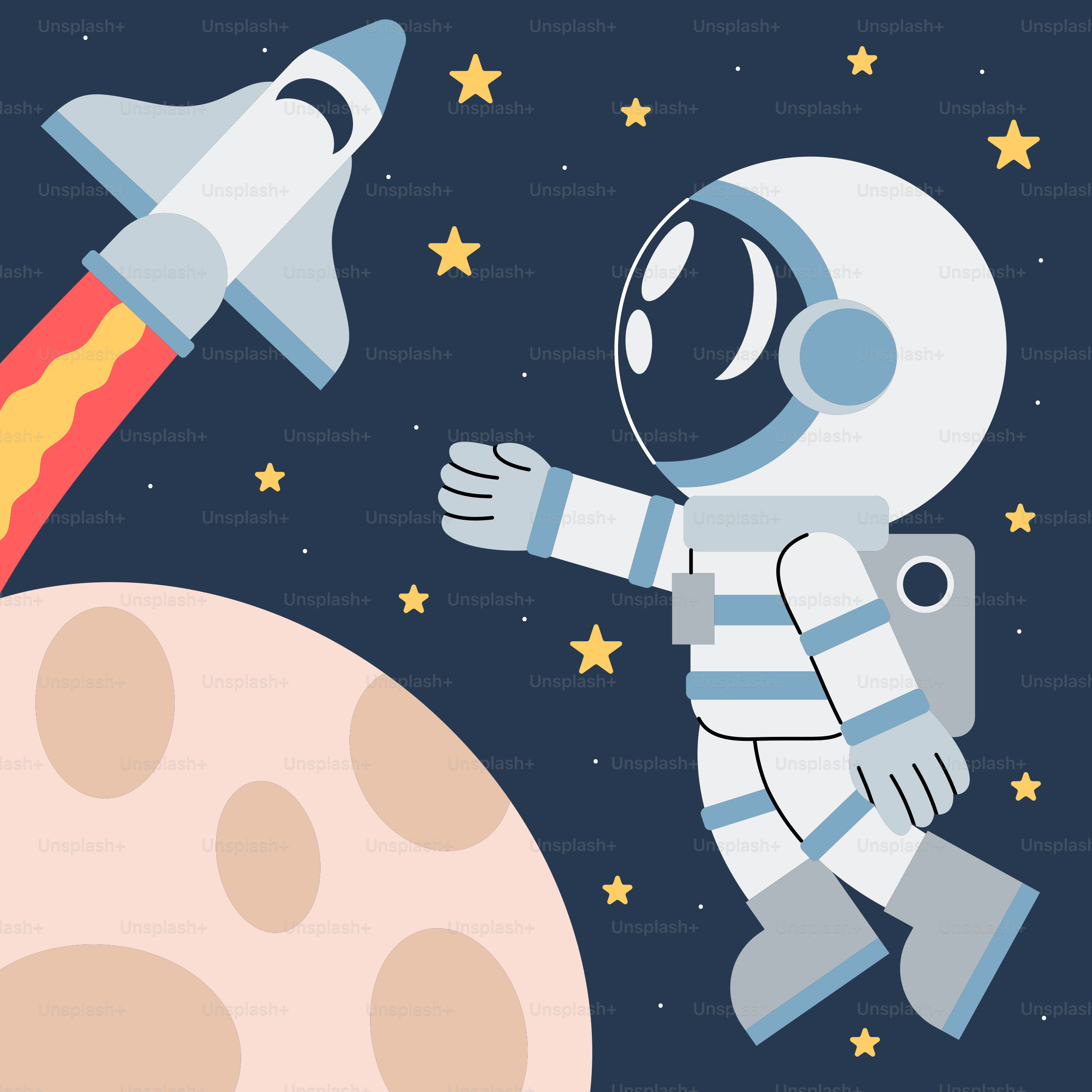 An astronaut is flying near a rocket on the moon