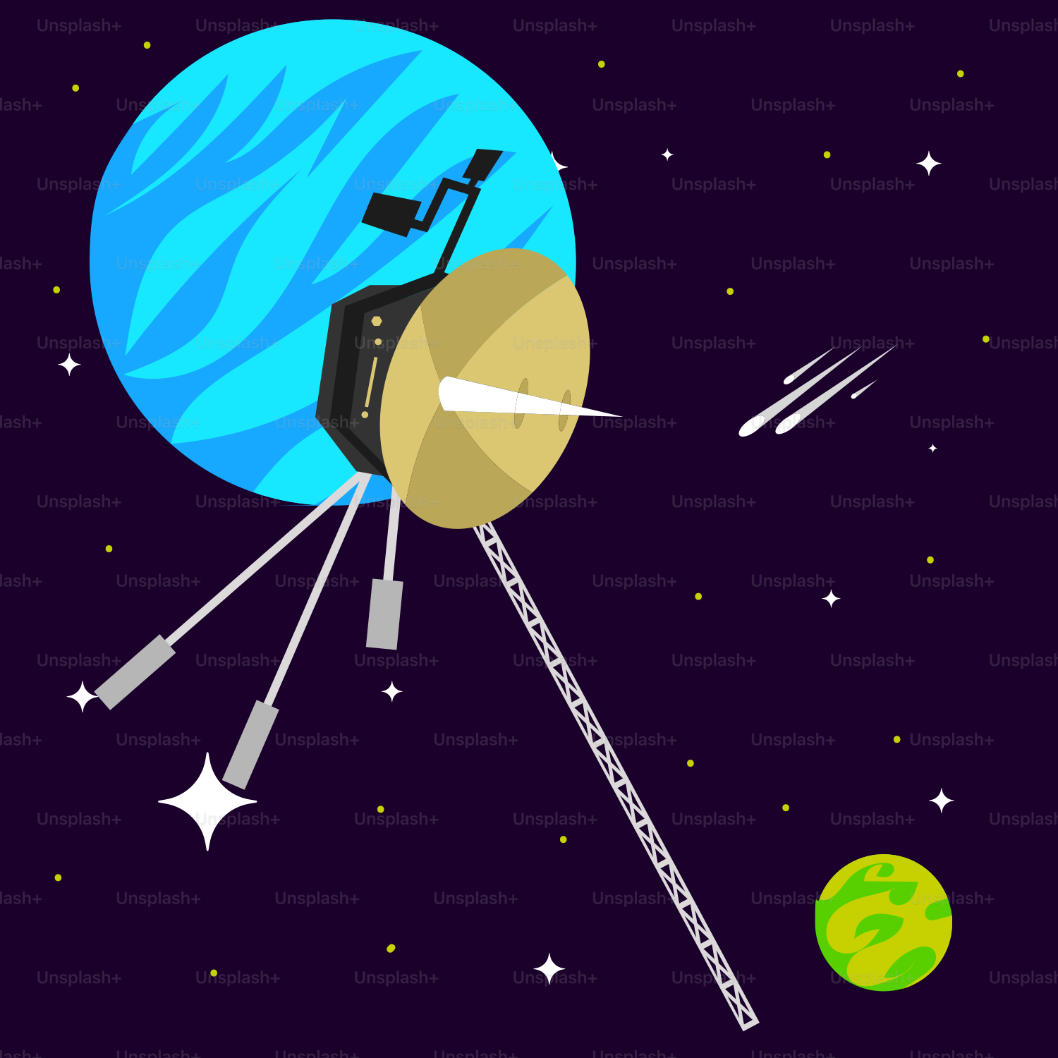 An illustration of a space station with a satellite