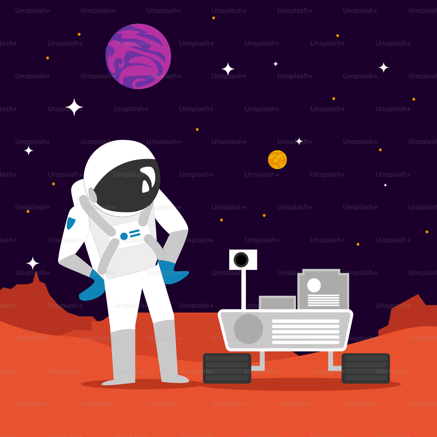 A man in a space suit standing next to a robot