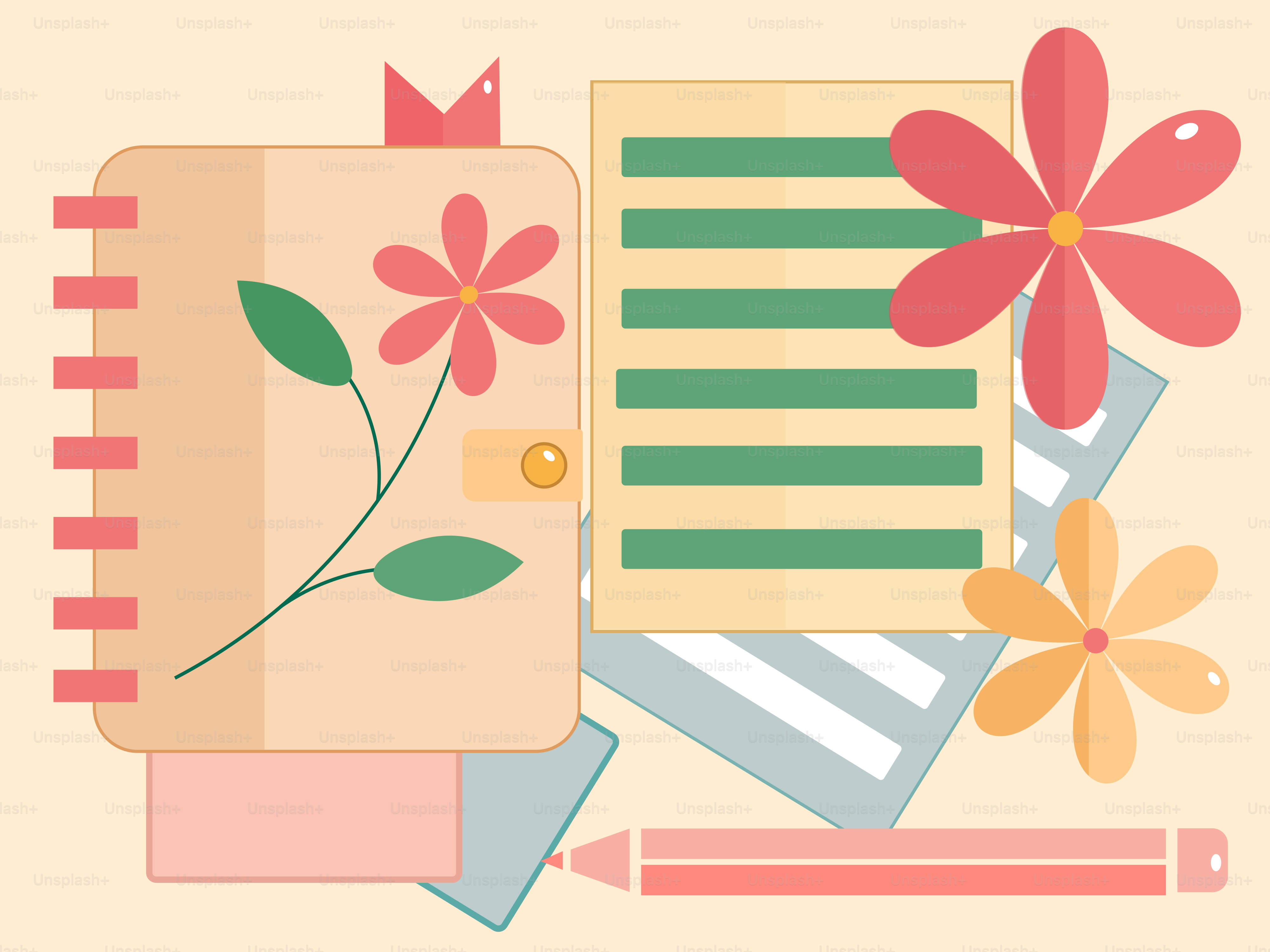 A notebook with a flower and a pencil