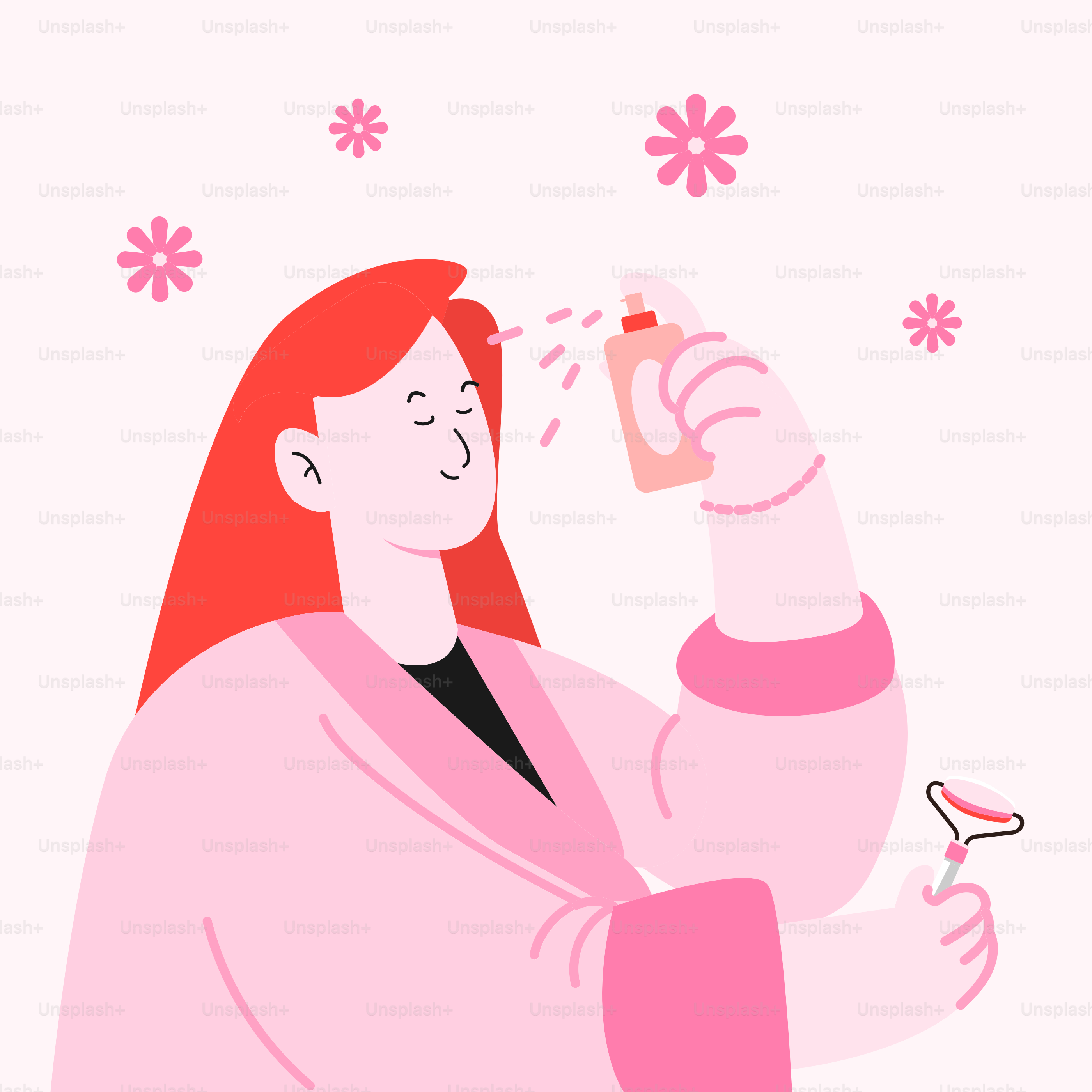 A woman in a pink robe is spraying her hair