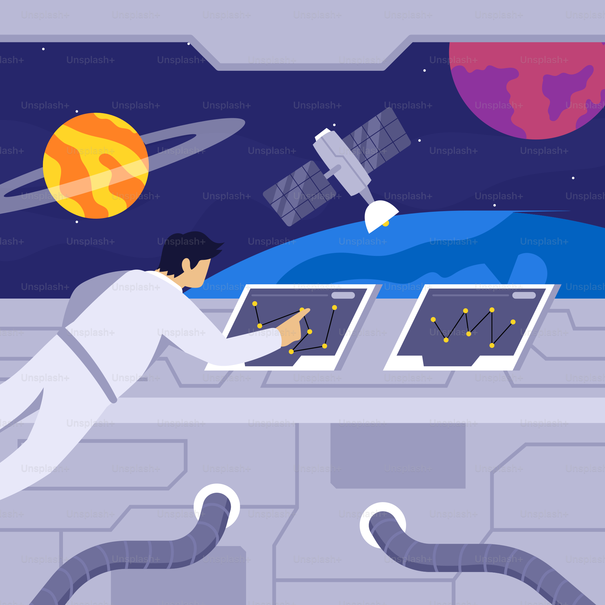 A man in a space suit is looking at a solar system