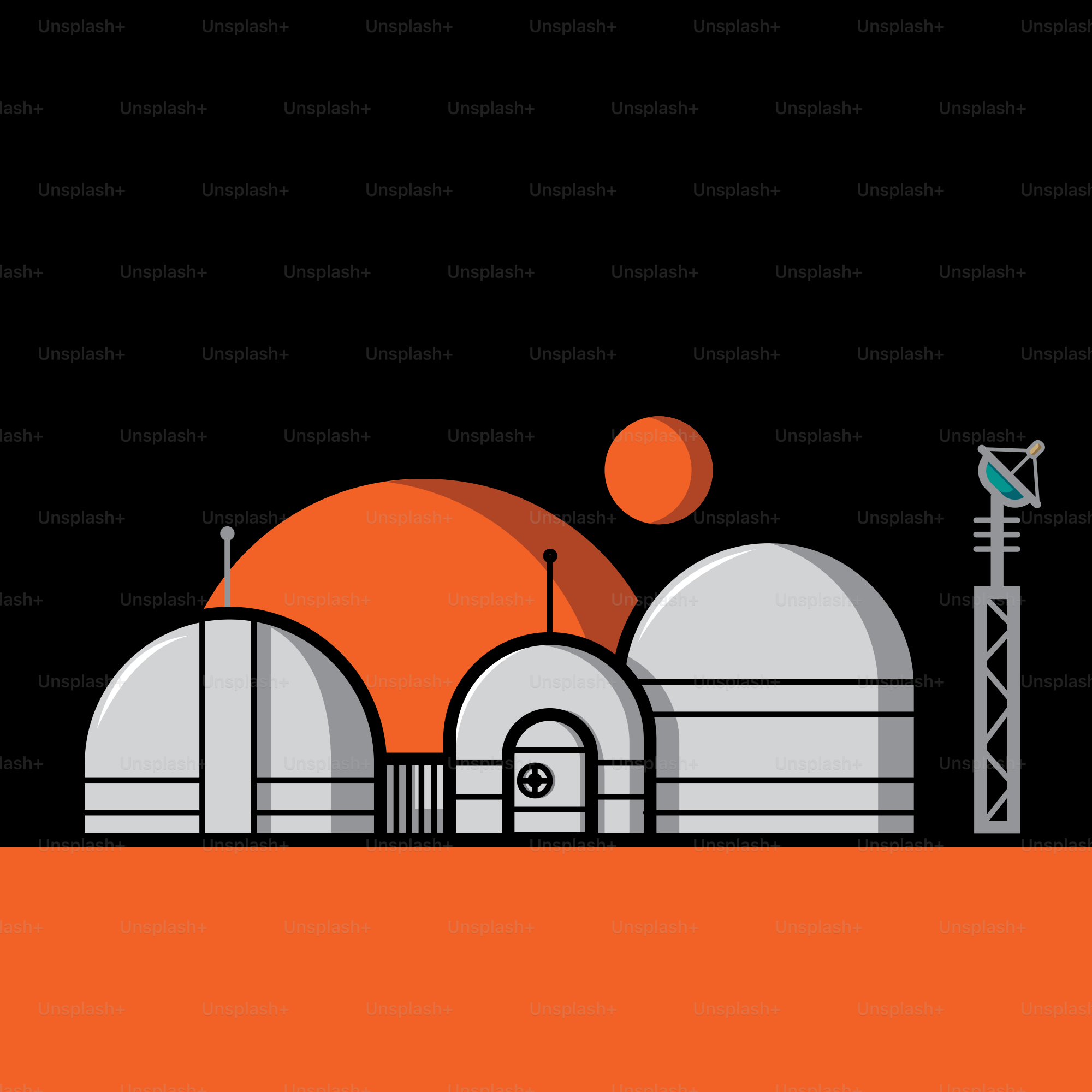 An orange and black background with a building and a crane