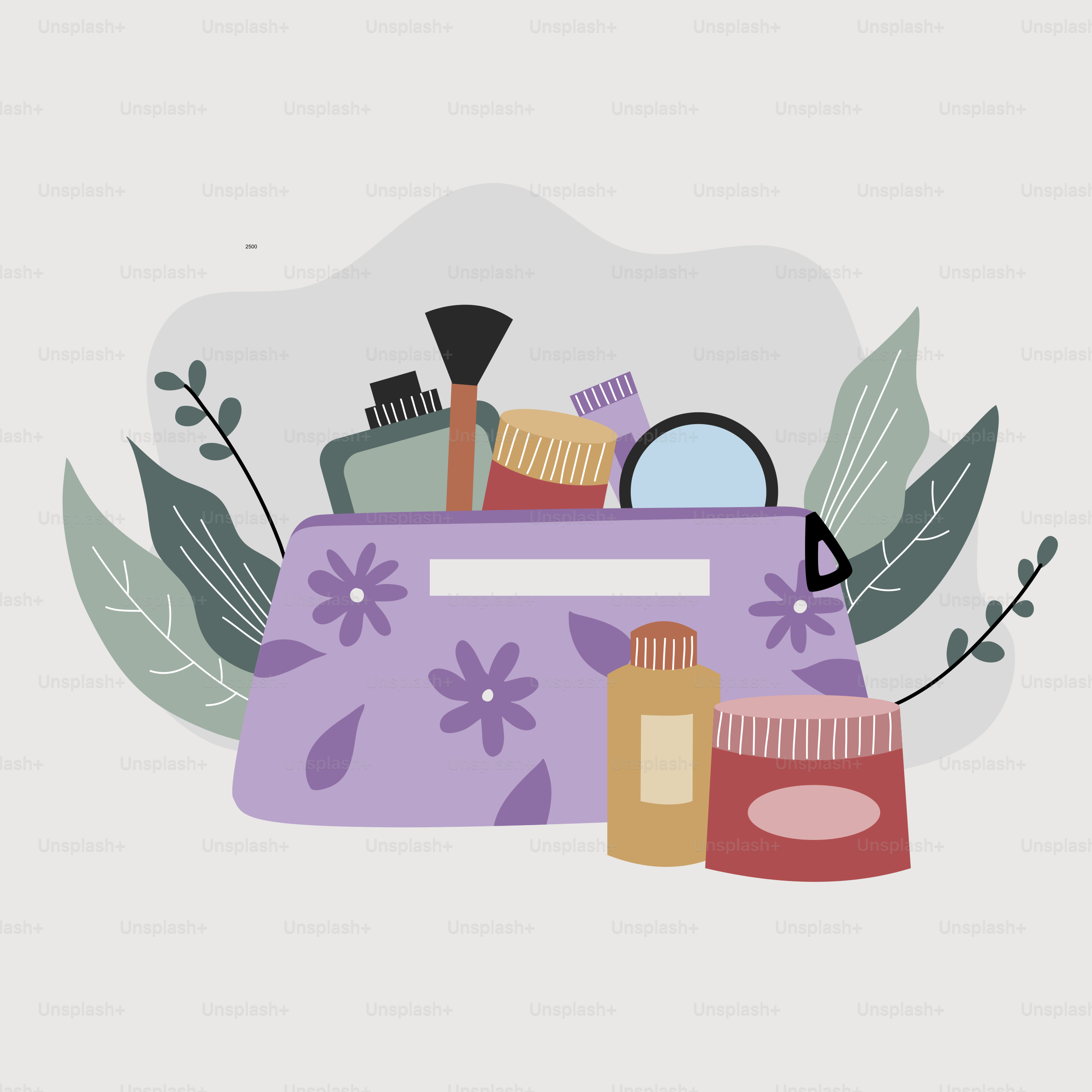 A purple bag filled with makeup and brushes