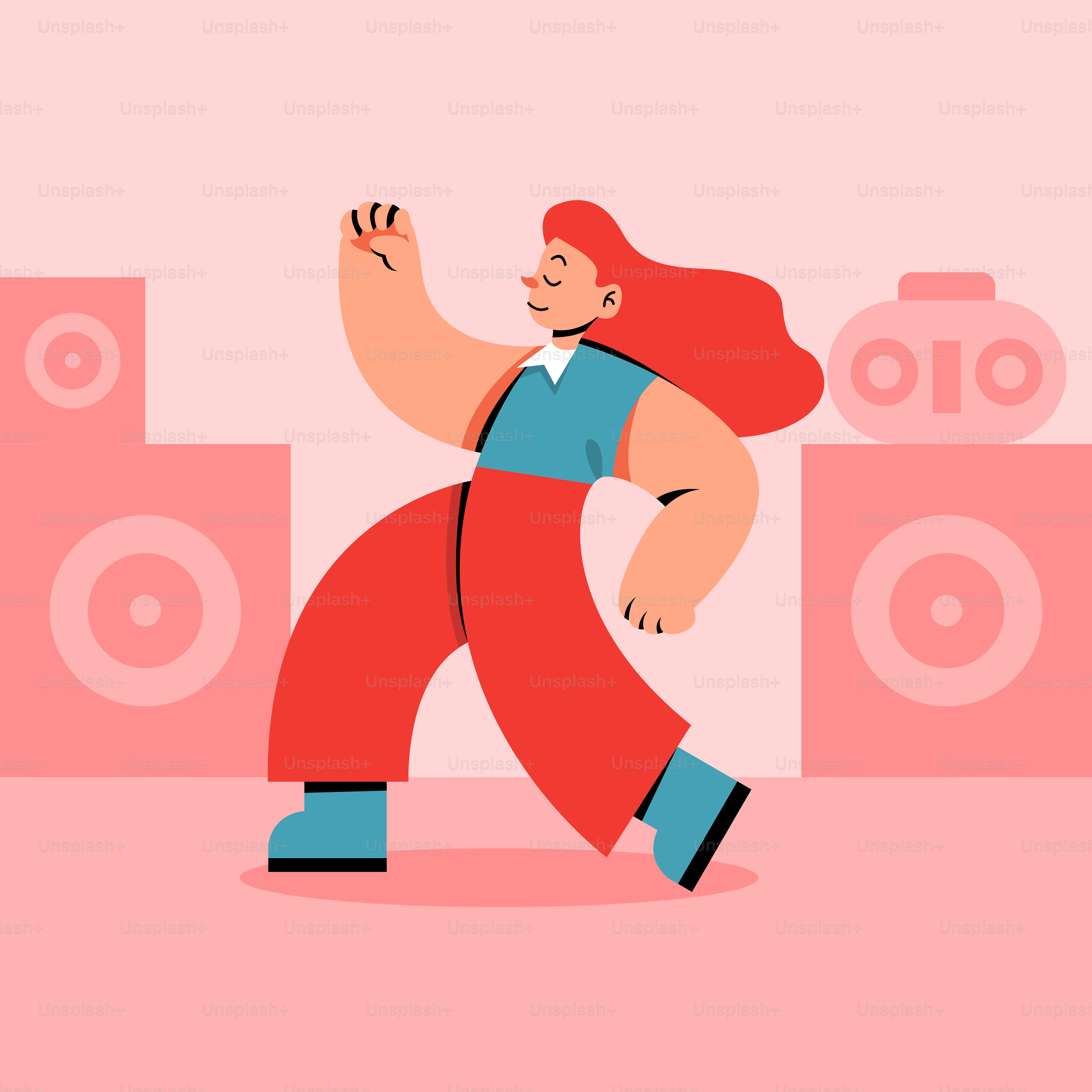 Uma mulher de macacão vermelho está dançando