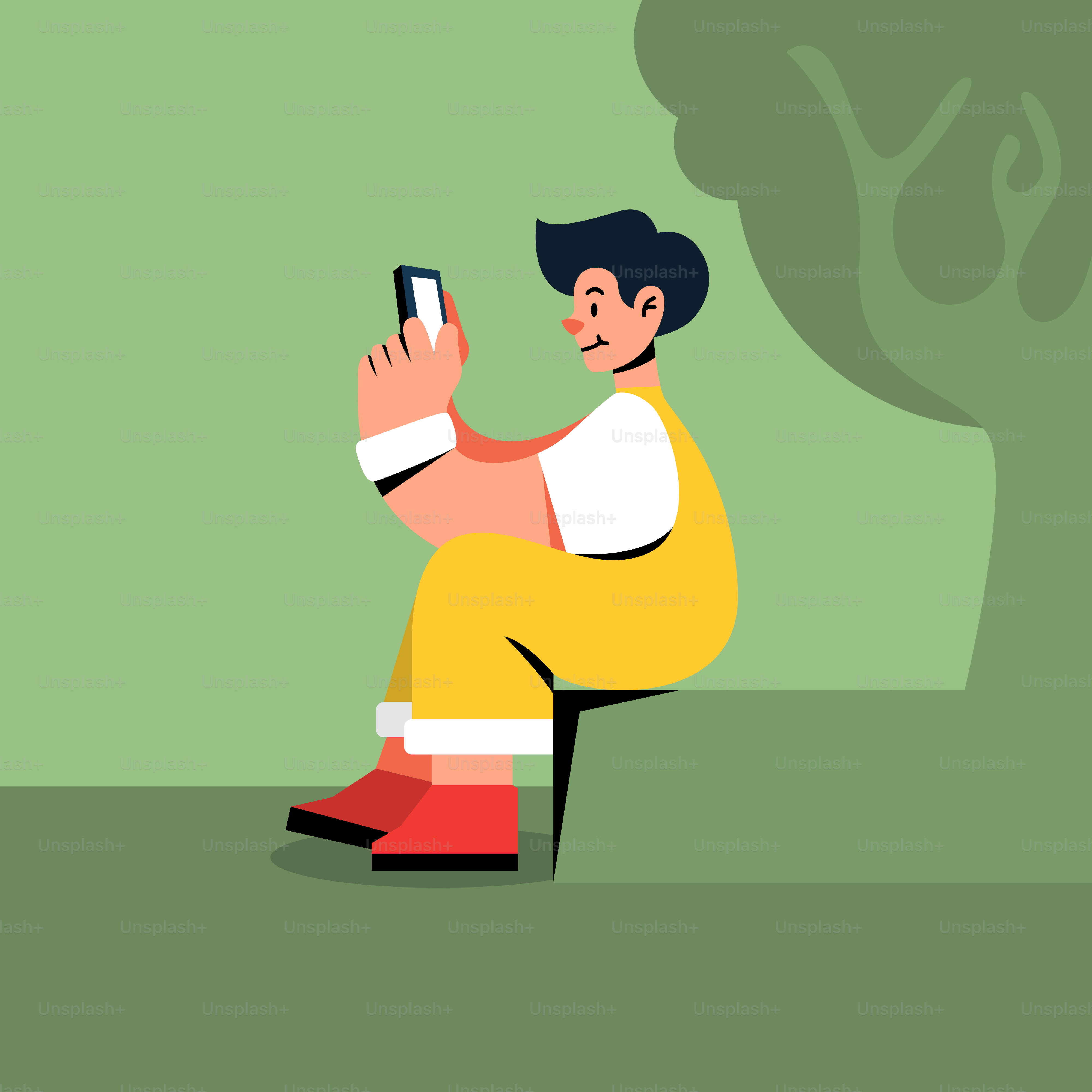 Um homem sentado em um banco usando um celular