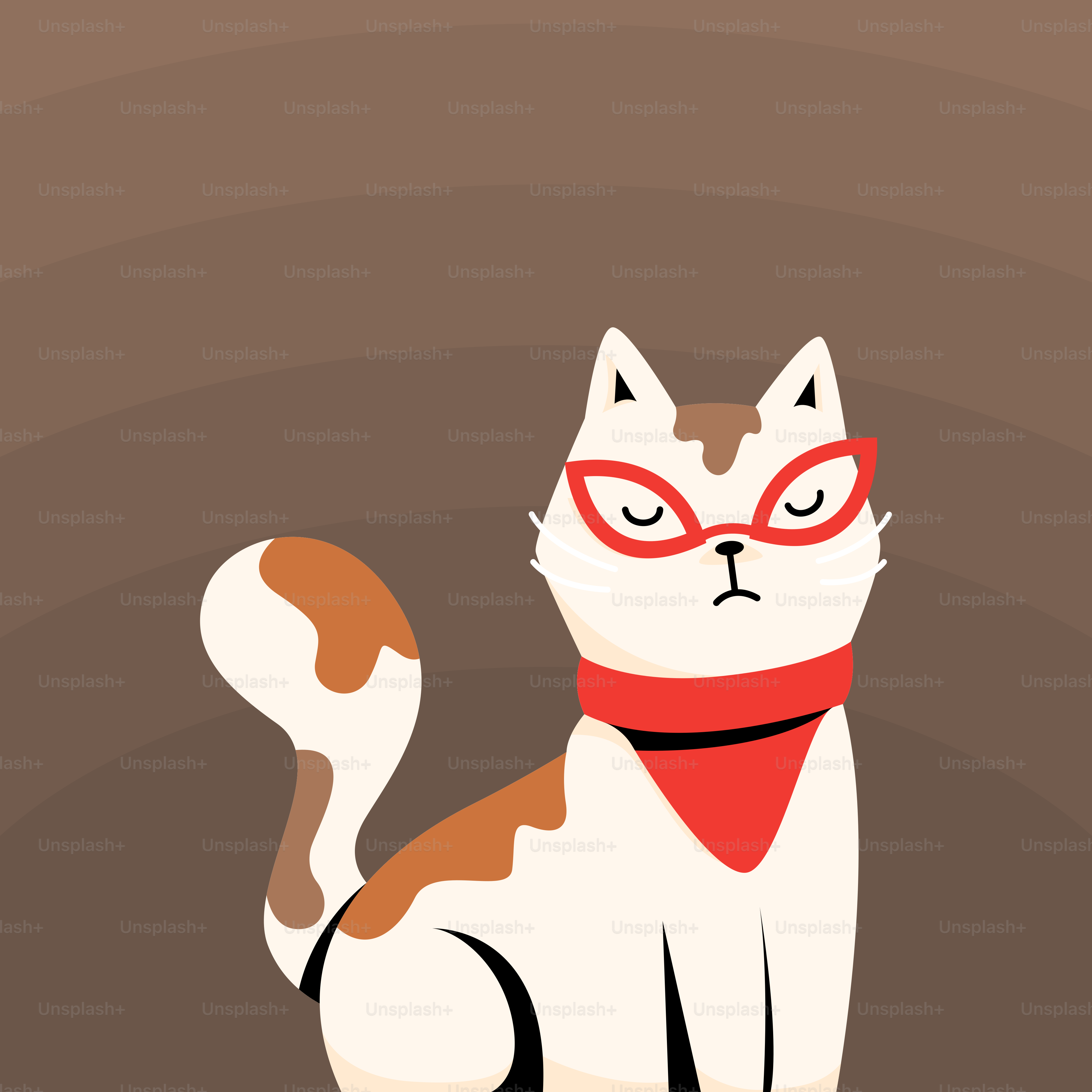 A cat wearing a red scarf and glasses