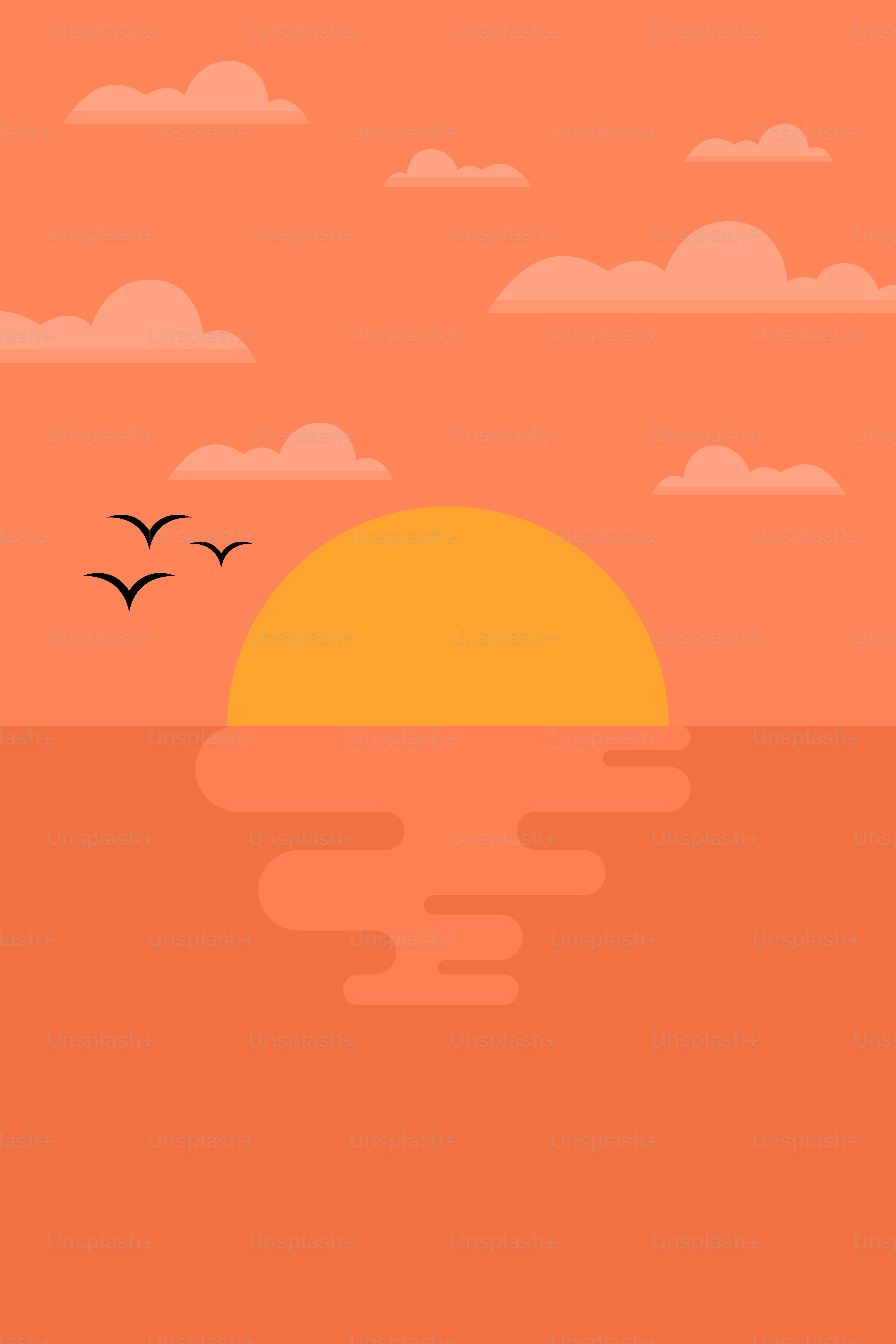 Un coucher de soleil avec des oiseaux volant au-dessus de l’eau