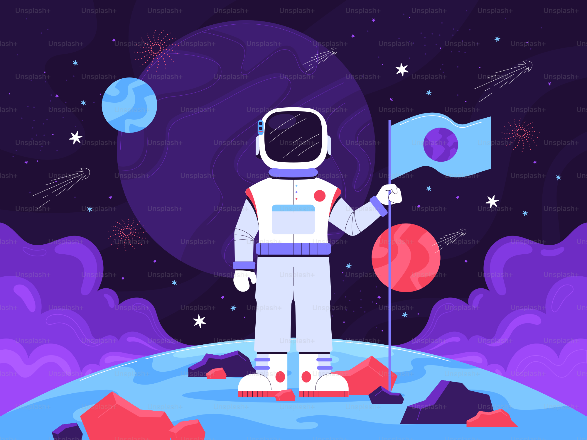 Un astronauta de pie en la cima de un planeta sosteniendo una bandera