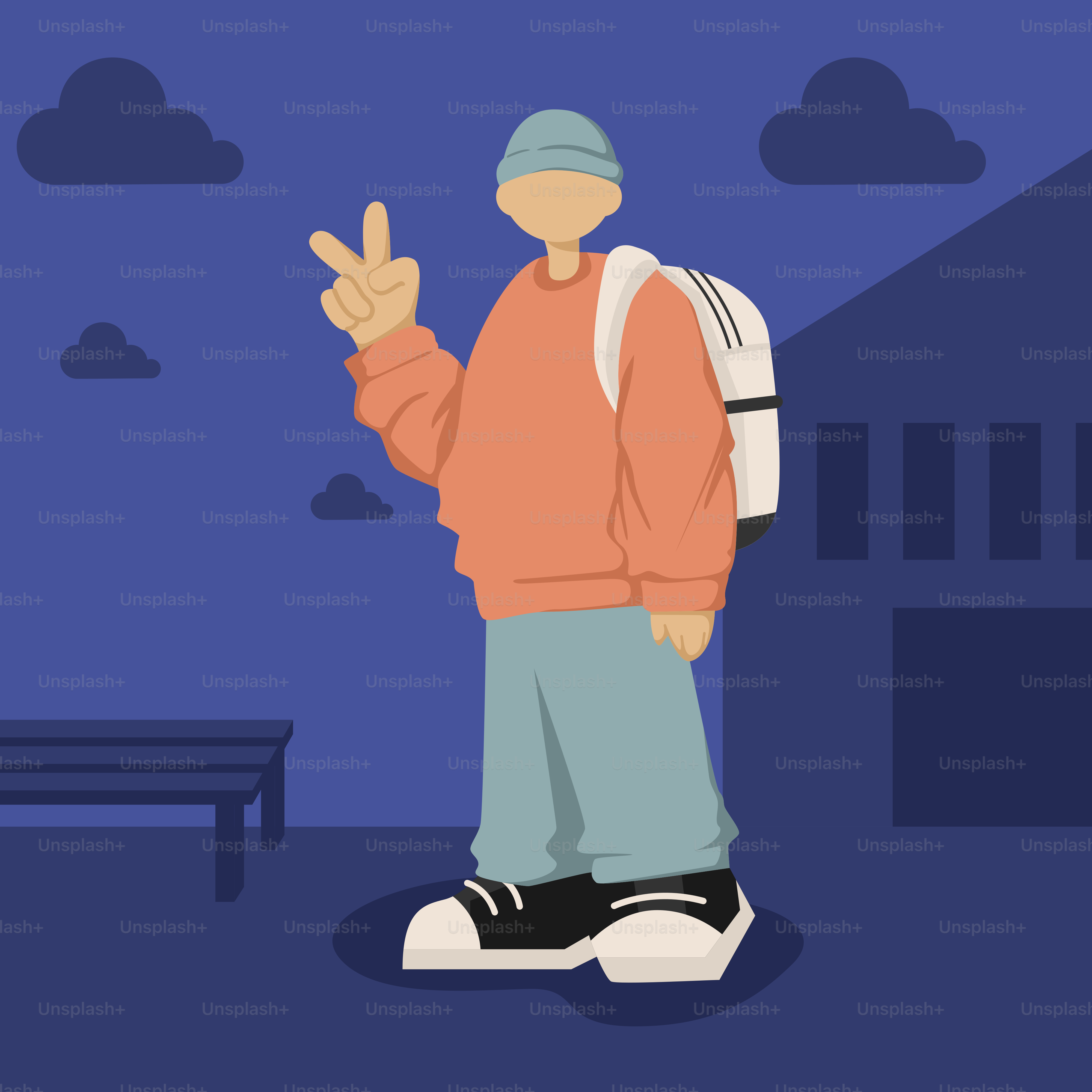 A person with a backpack standing in front of a bench