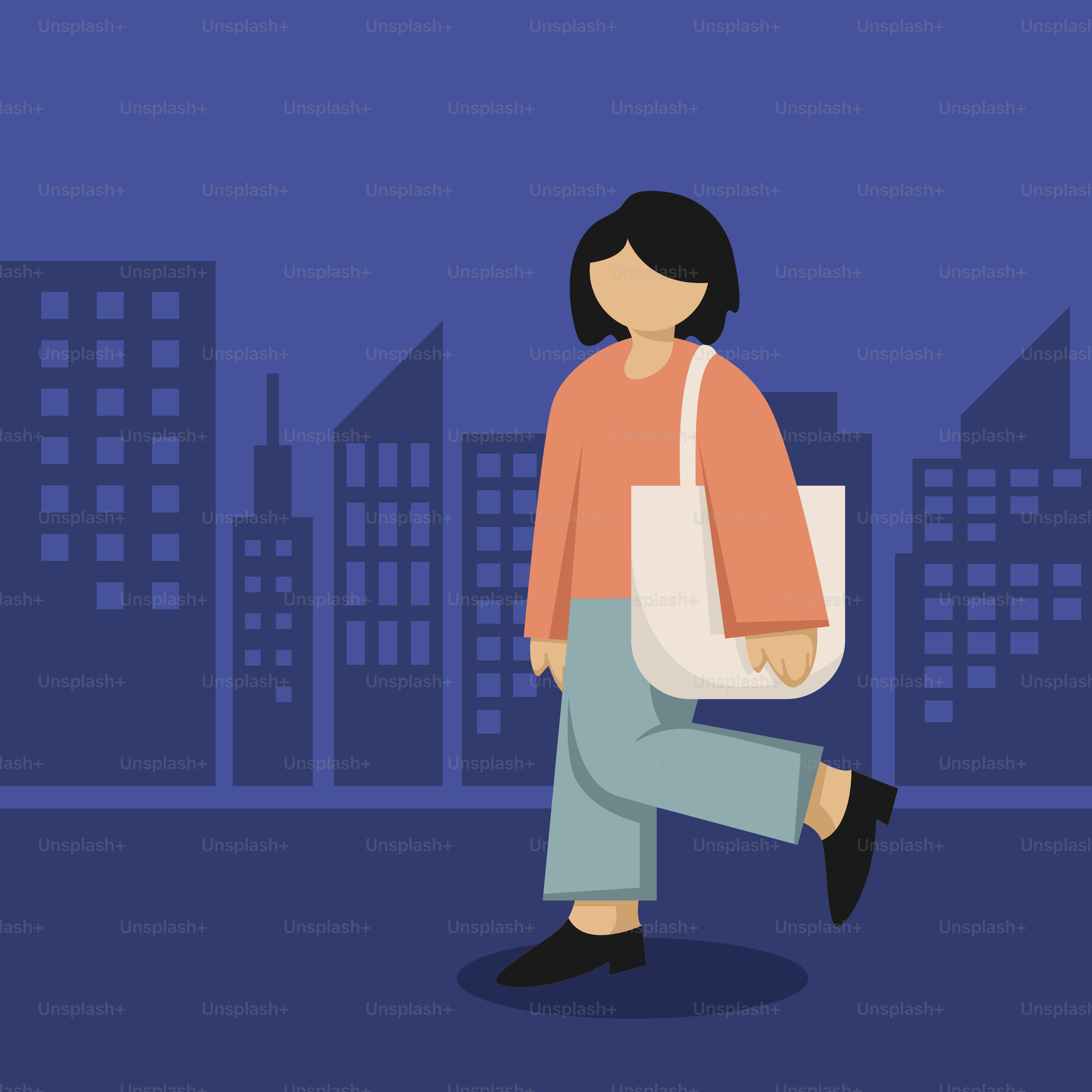 A woman carrying a bag in a city at night