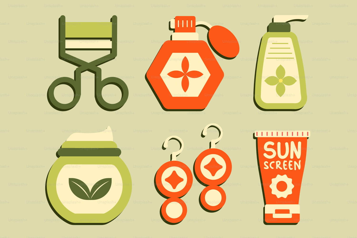 A set of different items that are on a green background