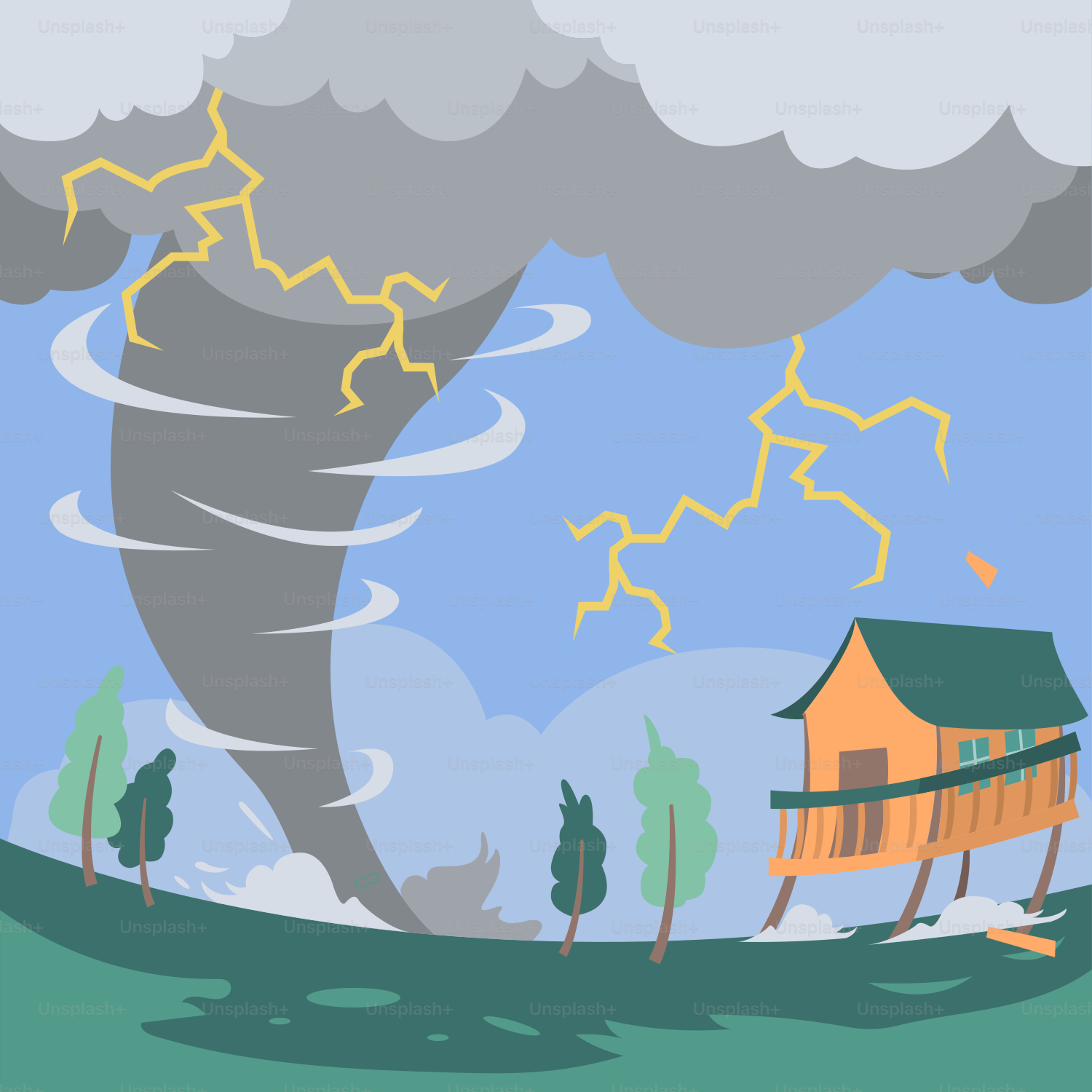 A cartoon of a tornado hitting a house